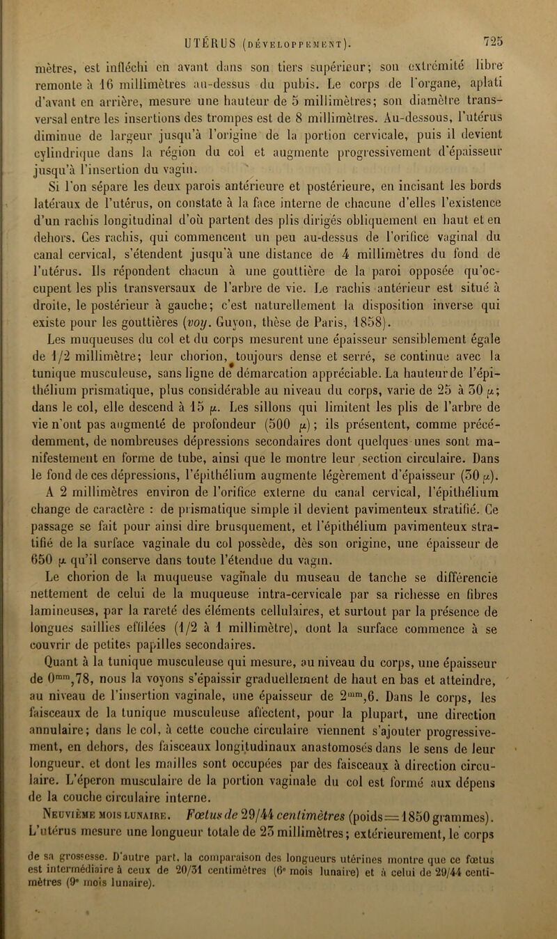 mètres, est infléchi en avant dans son tiers supérieur; son extrémité libre remonte à 16 millimètres au-dessus du pubis. Le corps de l'organe, aplati d’avant en arrière, mesure une hauteur de 5 millimètres; son diamètre trans- versal entre les insertions des trompes est de 8 millimètres. Au-dessous, l’utérus diminue de largeur jusqu’à l’origine de la portion cervicale, puis il devient cylindrique dans la région du col et augmente progressivement d’épaisseur jusqu’à l’insertion du vagin. Si l’on sépare les deux parois antérieure et postérieure, en incisant les bords latéraux de l’utérus, on constate à la face interne de chacune d’elles l’existence d’un rachis longitudinal d’où partent des plis dirigés obliquemenl en haut et en dehors. Ces rachis, qui commencent un peu au-dessus de l’orifice vaginal du canal cervical, s’étendent jusqu’à une distance de 4 millimètres du fond de l’utérus. Ils répondent chacun à une gouttière de la paroi opposée qu’oc- cupent les plis transversaux de l’arbre de vie. Le rachis antérieur est situé à droite, le postérieur à gauche; c’est naturellement la disposition inverse qui existe pour les gouttières (voy. Guyon, thèse de Paris, 1858). Les muqueuses du col et du corps mesurent une épaisseur sensiblement égale de 1/2 millimètre; leur chorion, toujours dense et serré, se continue avec la tunique musculeuse, sans ligne de démarcation appréciable. La hauleurde l’épi- thélium prismatique, plus considérable au niveau du corps, varie de 25 à 50 p ; dans le col, elle descend à 15 y. Les sillons qui limitent les plis de l’arbre de vie n’ont pas augmenté de profondeur (500 y) ; ils présentent, comme précé- demment, de nombreuses dépressions secondaires dont quelques unes sont ma- nifestement en forme de tube, ainsi que le montre leur section circulaire. Dans le fond de ces dépressions, l’épithélium augmente légèrement d’épaisseur (50(7.). À 2 millimètres environ de l’orifice externe du canal cervical, l’épithélium change de caractère : de prismatique simple il devient pavimenteux stratifié. Ce passage se fait pour ainsi dire brusquement, et l’épithélium pavimenteux stra- tifié de la surface vaginale du col possède, dès son origine, une épaisseur de 650 [x qu’il conserve dans toute l’étendue du vagin. Le chorion de la muqueuse vaginale du museau de tanche se différencie nettement de celui de la muqueuse intra-cervicale par sa richesse en fibres lamineuses, par la rareté des éléments cellulaires, et surtout par la présence de longues saillies effilées (1/2 à 1 millimètre), dont la surface commence à se couvrir de petites papilles secondaires. Quant à la tunique musculeuse qui mesure, au niveau du corps, une épaisseur de 0mm,78, nous la voyons s’épaissir graduellement de haut en bas et atteindre, au niveau de l’insertion vaginale, une épaisseur de 2l,im,6. Dans le corps, les faisceaux de la tunique musculeuse affectent, pour la plupart, une direction annulaire; dans le col, à cette couche circulaire viennent s’ajouter progressive- ment, en dehors, des faisceaux longitudinaux anastomosés dans le sens de leur longueur, et dont les mailles sont occupées par des faisceaux à direction circu- laire. L’éperon musculaire de la portion vaginale du col est formé aux dépens de la couche circulaire interne. Neuvième mois lunaire. Fœtusde 29/44 centimètres (poids =1850 grammes). L utérus mesure une longueur totale de 25 millimètres; extérieurement, le corps de sa grossesse. D’autre part, la comparaison des longueurs utérines montre que ce fœtus est intermédiaire à ceux de 20/31 centimètres (6° mois lunaire) et à celui de 20/44 centi- mètres (9” mois lunaire).