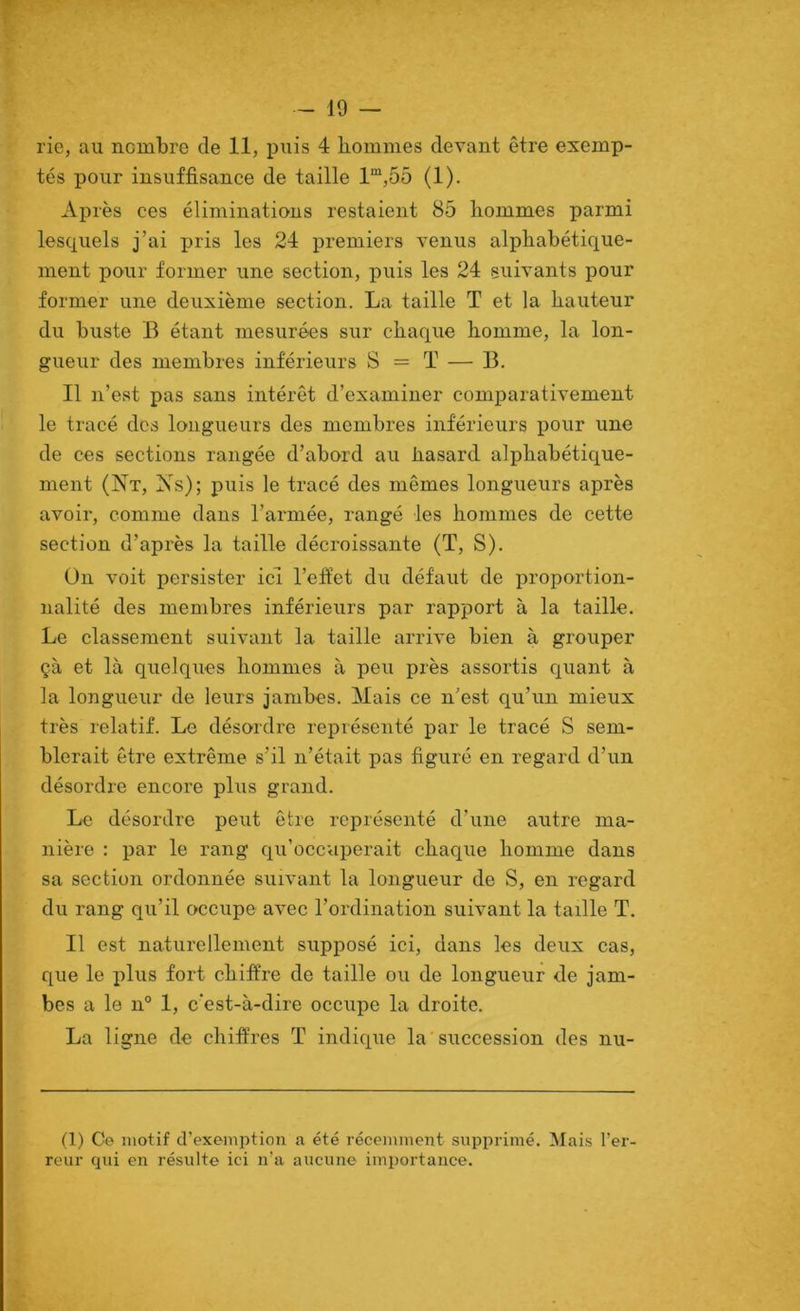 F - 19 — rie, au nombre de 11, i^uis 4 hommes devant être exemp- tés pour insuffisance de taille 1“,55 (1). Après ces éliminations restaient 85 hommes parmi lesquels j’ai pris les 24 premiers venus alphabétique- ment pour former une section, puis les 24 suivants pour former une deuxième section. La taille T et la hauteur du buste B étant mesurées sur chaque homme, la lon- gueur des membres inférieurs S = ï — B. Il n’est pas sans intérêt d’examiner comparativement le tracé des longueurs des membres inférieurs pour une de ces sections rangée d’abord au hasard alphabétique- ment (Nt, Ns); puis le tracé des mêmes longueurs après avoir, comme dans l’armée, rangé les hommes de cette section d’après la taille décroissante (T, S). Ün voit persister ici l’effet du défaut de proportion- nalité des membres inférieurs par rapport à la taille. Le classement suivant la taille arrive bien à grouper çà et là quelques hommes à peu près assortis quant à la longueur de leurs jambes. Mais ce n’est qu’un mieux très relatif. Le désordre représenté par le tracé S sem- blerait être extrême s’il n’était pas figuré en regard d’un désordre encore plus grand. Le désordre peut être représenté d’une autre ma- nière : par le rang qu’occuperait chacjue homme dans sa section ordonnée suivant la longueur de S, en regard du rang qu’il occupe avec l’ordination suivant la taille T. Il est naturellement supposé ici, dans les deux cas, que le plus fort chiffre de taille ou de longueur de jam- bes a le n° 1, c'est-à-dire occupe la droite. La ligne de chiffres T indique la succession des nu- (1) Cp motif d’exemption a été récemment supprimé. Mais l’er- reur qui en résulte ici n’a aucune importance.