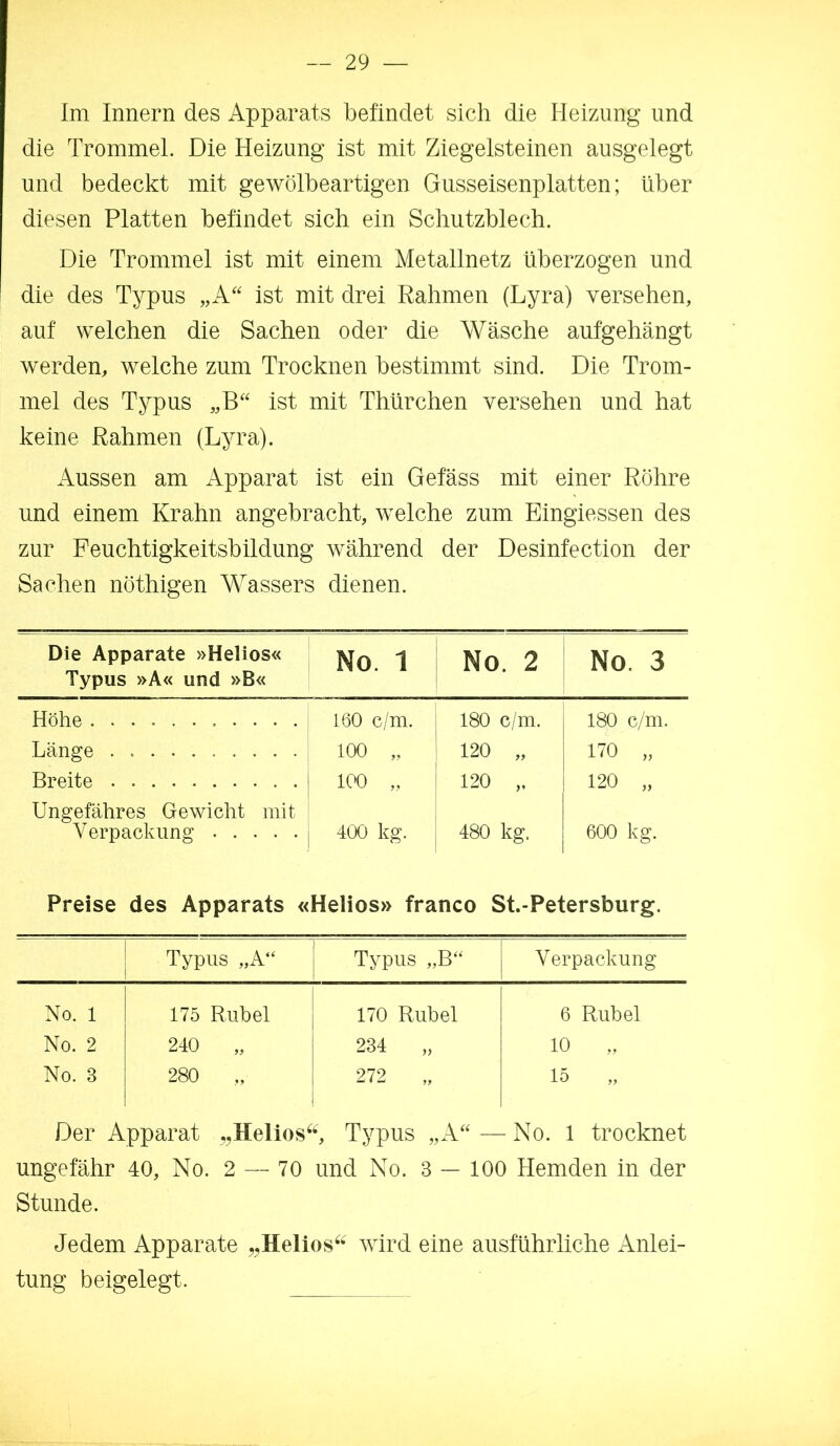 Im Innern des Apparats befindet sich die Heizung und die Trommel. Die Heizung ist mit Ziegelsteinen ausgelegt und bedeckt mit gewölbeartigen Gusseisenplatten; über diesen Platten befindet sich ein Schutzblech. Die Trommel ist mit einem Metallnetz überzogen und die des Typus „A“ ist mit drei Rahmen (Lyra) versehen, auf welchen die Sachen oder die Wäsche aufgehängt werden, welche zum Trocknen bestimmt sind. Die Trom- mel des Typus „B“ ist mit Thürchen versehen und hat keine Rahmen (Lyra). Aussen am Apparat ist ein Gefäss mit einer Röhre und einem Erahn angebracht, welche zum Eingiessen des zur Feuchtigkeitsbildung während der Desinfection der Sachen nöthigen Wassers dienen. Die Apparate »Helios« Typus »A« und »B« No. 1 ; No. 2 No. 3 Höhe 160 c/m. 180 c/m. 180 c/m. Länge . . 100 „ 120 „ 170 „ Breite 100 „ 120 „ 120 „ Ungefähres Gewicht mit Verpackung 400 kg. 480 kg. 600 kg. Preise des Apparats «Helios» franco St.-Petersburg. Typus „A“ Typus „B‘‘ Verpackung No. 1 175 Rubel 170 Rubel 6 Rubel No. 2 240 „ CO 10 No. 3 280 ,, 272 15 „ Der Apparat „Helios^b Typus „A“ — No. 1 trocknet ungefähr 40, No. 2 — 70 und No. 3 — 100 Hemden in der Stunde. Jedem Apparate „Helios^^ wird eine ausführliche Anlei- tung beigelegt.