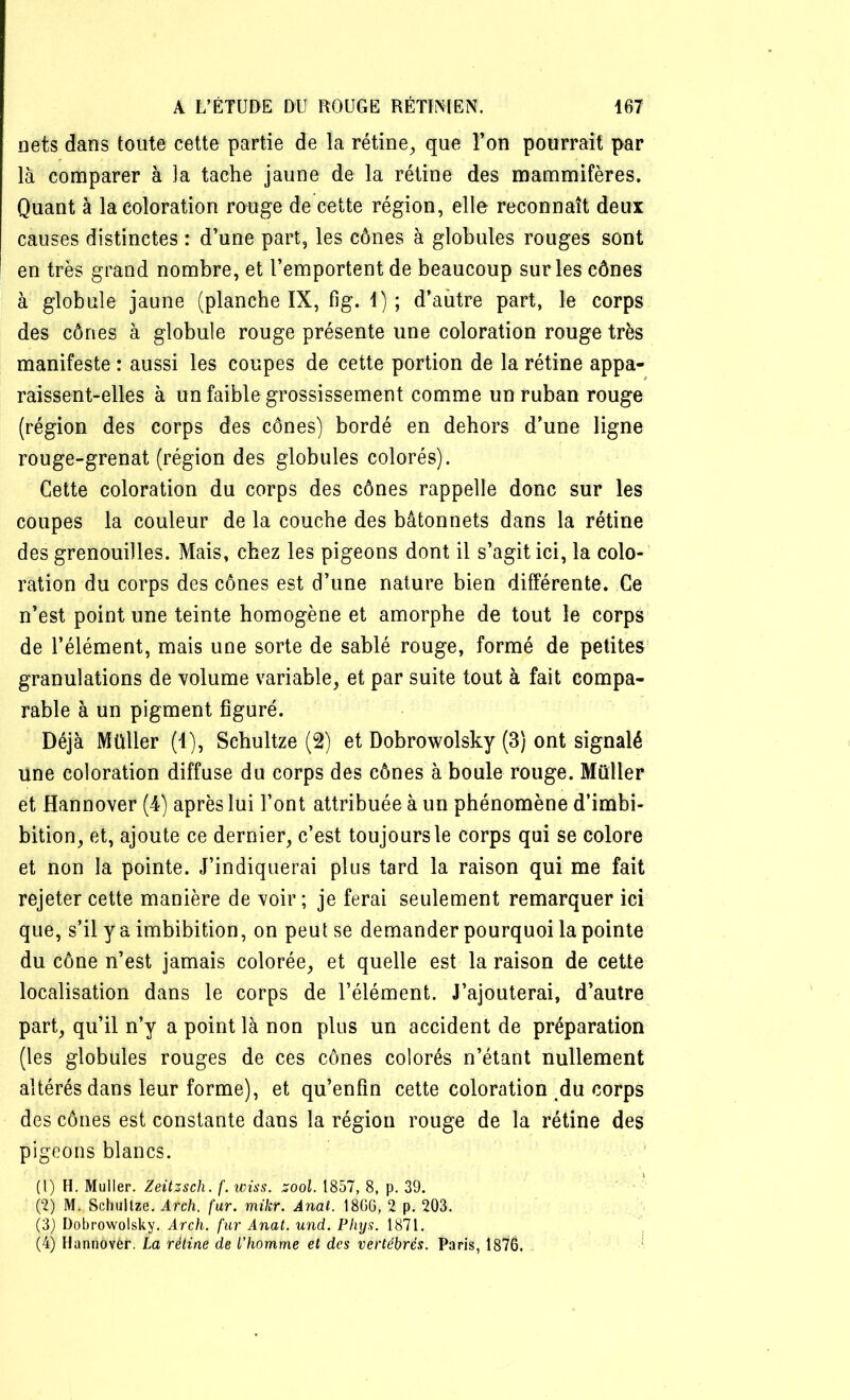 nets dans toute cette partie de la rétine, que Ton pourrait par là comparer à ]a tache jaune de la rétine des mammifères. Quant à la coloration rouge de cette région, elle reconnaît deux causes distinctes : d’une part, les cônes à globules rouges sont en très grand nombre, et l’emportent de beaucoup sur les cônes à globule jaune (planche IX, fig. 1) ; d’autre part, le corps des cônes à globule rouge présente une coloration rouge très manifeste : aussi les coupes de cette portion de la rétine appa- raissent-elles à un faible grossissement comme un ruban rouge (région des corps des cônes) bordé en dehors d’une ligne rouge-grenat (région des globules colorés). Cette coloration du corps des cônes rappelle donc sur les coupes la couleur de la couche des bâtonnets dans la rétine des grenouilles. Mais, chez les pigeons dont il s’agit ici, la colo- ration du corps des cônes est d’une nature bien différente. Ce n’est point une teinte homogène et amorphe de tout le corps de l’élément, mais une sorte de sablé rouge, formé de petites granulations de volume variable, et par suite tout à fait compa- rable à un pigment figuré. Déjà Müller (1), Schultze (2) et Dobrowolsky (3) ont signalé Une coloration diffuse du corps des cônes à boule rouge. Müller et Hannover (4) après lui font attribuée à un phénomène d’imbi- bition, et, ajoute ce dernier, c’est toujours le corps qui se colore et non la pointe. J’indiquerai plus tard la raison qui me fait rejeter cette manière de voir; je ferai seulement remarquer ici que, s’il y a imbibition, on peut se demander pourquoi la pointe du cône n’est jamais colorée, et quelle est la raison de cette localisation dans le corps de l’élément. J’ajouterai, d’autre part, qu’il n’y a point là non plus un accident de préparation (les globules rouges de ces cônes colorés n’étant nullement altérés dans leur forme), et qu’enfin cette coloration du corps des cônes est constante dans la région rouge de la rétine des pigeons blancs. (1) H. Muller. Zeitzsch. f. wiss. zool. 1857, 8, p. 39. (2) M. Schultze. Arch. fur. mikr. Ànai. 186G, 2 p. 203. (3) Dobrowolsky. Arch. fur Anat. und. Phys. 1871. (4) Hannovèr. La rétine de l'homme et des vertébrés. Paris, 1876.
