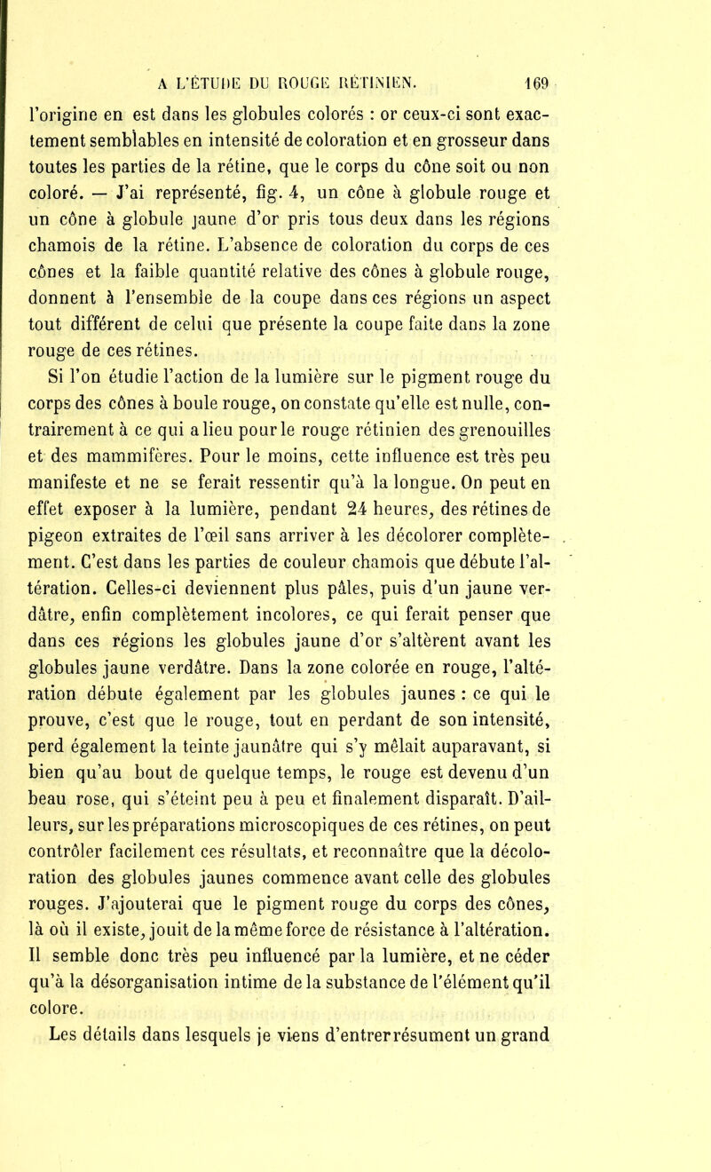 l’origine en est dans les globules colorés : or ceux-ci sont exac- tement semblables en intensité de coloration et en grosseur dans toutes les parties de la rétine, que le corps du cône soit ou non coloré. — J’ai représenté, fig. 4, un cône à globule rouge et un cône à globule jaune d’or pris tous deux dans les régions chamois de la rétine. L’absence de coloration du corps de ces cônes et la faible quantité relative des cônes à globule rouge, donnent à l’ensemble de la coupe dans ces régions un aspect tout différent de celui que présente la coupe faite dans la zone rouge de ces rétines. Si l’on étudie l’action de la lumière sur le pigment rouge du corps des cônes à boule rouge, on constate qu’elle est nulle, con- trairement à ce qui a lieu pour le rouge rétinien des grenouilles et des mammifères. Pour le moins, cette influence est très peu manifeste et ne se ferait ressentir qu’à la longue. On peut en effet exposer à la lumière, pendant 24 heures, des rétines de pigeon extraites de l’œil sans arriver à les décolorer complète- ment. C’est dans les parties de couleur chamois que débute l’al- tération. Celles-ci deviennent plus pâles, puis d’un jaune ver- dâtre, enfin complètement incolores, ce qui ferait penser que dans ces régions les globules jaune d’or s’altèrent avant les globules jaune verdâtre. Dans la zone colorée en rouge, l’alté- ration débute également par les globules jaunes : ce qui le prouve, c’est que le rouge, tout en perdant de son intensité, perd également la teinte jaunâtre qui s’y mêlait auparavant, si bien qu’au bout de quelque temps, le rouge est devenu d’un beau rose, qui s’éteint peu à peu et finalement disparaît. D’ail- leurs, sur les préparations microscopiques de ces rétines, on peut contrôler facilement ces résultats, et reconnaître que la décolo- ration des globules jaunes commence avant celle des globules rouges. J’ajouterai que le pigment rouge du corps des cônes, là où il existe, jouit de la même force de résistance à l’altération. Il semble donc très peu influencé par la lumière, et ne céder qu’à la désorganisation intime de la substance de l’élément qu’il colore. Les détails dans lesquels je viens d’entrerrésument un grand