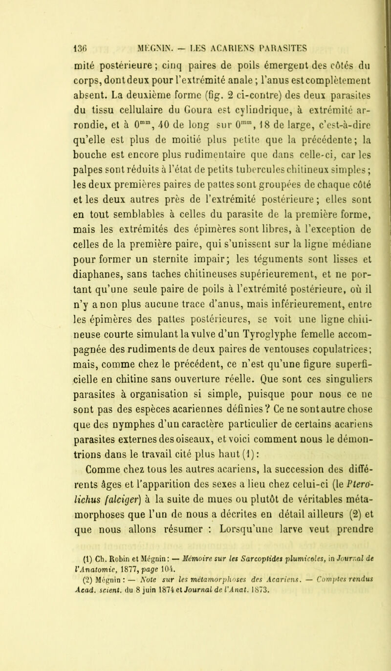 mité postérieure ; cinq paires de poils émergent des côtés du corps, dont deux pour l’extrémité anale ; l’anus est complètement absent. La deuxième forme (fig. 2 ci-contre) des deux parasites du tissu cellulaire du Goura est cylindrique, à extrémité ar- rondie, et à 0““, 40 de long sur O, 18 de large, c’est-à-dire qu’elle est plus de moitié plus petite que la précédente; la bouche est encore plus rudimentaire que dans celle-ci, caries palpes sont réduits à l’état de petits tubercules chilineux simples ; les deux premières paires de pattes sont groupées de chaque côté elles deux autres près de l’extrémité postérieure; elles sont en tout semblables à celles du parasite de la première forme, mais les extrémités des épimères sont libres, à l’exception de celles de la première paire, qui s’unissent sur la ligne médiane pour former un sternite impair; les téguments sont lisses et diaphanes, sans taches chitineuses supérieurement, et ne por- tant qu’une seule paire de poils à l’extrémité postérieure, où il n’y a non plus aucune trace d’anus, mais inférieurement, entre les épimères des pattes postérieures, se voit une ligne chiii- neuse courte simulant la vulve d’un Tyroglyphe femelle accom- pagnée des rudiments de deux paires de ventouses copulatrices; mais, comme chez le précédent, ce n’est qu’une figure superfi- cielle en chitine sans ouverture réelle. Que sont ces singuliers parasites à organisation si simple, puisque pour nous ce ne sont pas des espèces acariennes définies? Ce ne sont autre chose que des nymphes d’un caractère particulier de certains acariens parasites externes des oiseaux, et voici comment nous le démon- trions dans le travail cité plus haut (1) : Comme chez tous les autres acariens, la succession des diffé- rents âges et l’apparition des sexes a lieu chez celui-ci (le Ptero'- lichus falciger) à la suite de mues ou plutôt de véritables méta- morphoses que l’un de nous a décrites en détail ailleurs (2) et que nous allons résumer : Lorsqu’une larve veut prendre (1) Ch. Robin et Mégnin: — Mémoire sur les Sarcoptides plumicoles, in Journal de VAnatomie, 1877, pape 104. (2) Mégnin :— Note sur les métamorphoses des Acariens. — Comptes rendus Acad, scient, du 8 juin \Sliet Journal de L'Ânat. 1873.