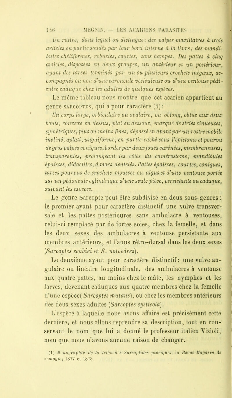 Un rostre, dans lequel on distingue: des palpes maxillaires à trois articles en partie soudés par leur bord interne à la lèvre; des mandi- bules chéliformes, robustes, courtes, sans hampes. Des pattes à cinq articles, disposées en deux groupes, un antérieur et un postérieur, ayant des tai'scs terminés par un ou plusieurs crochets inégaux, ac- compagnés ou non d'une caroncule vésiculeuse ou d'une ventouse pédi- culée caduque chez les adultes de quelques espèces. Le meme tableau nous montre que cet acarien appartient au genre sarcoptes, qui a pour caractère (1) : Un corps large, orbiculaire ou ovalaire, ou oblong, obtus aux deux bouts, convexe en dessus, plat en dessous, marqué de stries sinueuses, symétriques, plus ou moins fines, dépassé en avant par un rostre mobile incliné, aplati, unguiforme, en partie caché sous l'épistome et pourvu de gros palpes coniques, bordés par deux joues carénées, membraneuses, transparentes, prolongeant les cotés du camérostome; mandibules épaisses, didactiles, à mors dentelés. Pattes épaisses, courtes, coniques, tarses pourvus de crochets mousses ou aigus et d'une ventouse portée sur un pédoncule cylindrique d'une seule pièce, persistante ou caduque, i suivant les espèces. \ Le genre Sarcopte peut être subdivisé en deux sous-genres : i le premier ayant pour caractère distinctif une vulve transver- | sale et les pattes postérieures sans arabulacre à ventouses, I celui-ci remplacé par de fortes soies, chez la femelle, et dans ! les deux sexes des ambulacres à ventouse persistante aux membres antérieurs, et l’anus rétro-dorsal dans les deux sexes {Sarcoptes seabiei et S. notoedres). | Le deuxième ayant pour caractère distinctif: une vulve an- ; gulaire ou linéaire longitudinale, des ambulacres à ventouse j aux quatre pattes, au moins chez le mâle, les nymphes et les | larves, devenant caduques aux quatre membres chez la femelle | d’une espèce( Sarcoptes mutans), ou chez les membres antérieurs I des deux sexes adultes {Sarcoptes cysticola). J L’espèce à laquelle nous avons affaire est précisément cette ï dernière, et nous allons reprendre sa description, tout en con- t servant le nom que lui a donné le professeur italien Vizioli, nom que nous n’avons aucune raison de changer. (1) M.ino[ira])hie de la (ribn des Sarcoptides psoriques, it) Revue Magasin de Z(^<)logic, 1877 et 1878.