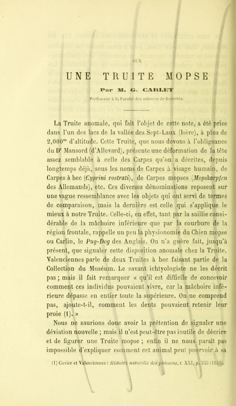 SL U UNE TRUITE M 0 P S E I>ar M. G. CAIftI.KX I*l•l>fos^enI• à lu. Fuciillf'- clos sciencc-s de* fJierioMe. La Truite anomale, qui fait l’objet de cette note, a été prise dans l’un des lacs de la vallée des Sept-baux (Isère), à plus de 2,000 d’altitude. Cette Truite, que nous devons à l’obligeance du D Mansord (d’Allevard), présente une déformation de la tête assez semblable à celle des Carpes qu’on a décrites, depuis longtemps déjà, sous les noms de Carpes à visage humain, de Carpes à bec [Ctjprini rostrati)^ de Carpes mopses [Mopskarpfen des Allemands), etc. Ces diverses dénominations reposent sur une vague ressemblance avec les objets qui ont servi de termes de comparaison, mais la dernière est celle qui s’applique le mieux à notre Truite. Celle-ci, en effet, tant par la saillie consi- dérable de la mâchoire inférieure que par la courbure de la région frontale, rappelle un peu la physionomie du Chien mopse ou Carlin, le Pug~Dog des Anglais. On n’a guère fait, jusqu’à présent, que signaler cette disposition anomale chez la Truite. Valenciennes parle de deux Truites à bec faisant partie de la Collection du Muséum. Le savant ichtyologiste ne les décrit pas ; mais il fait remarquer « qu’il est difficile de concevoir comment ces individus pouvaient vivre, car la mâchoire infé- rieure dépasse en entier toute la supérieure. On ne comprend pas, ajoute-t-il, comment les dents pouvaient retenir leur proie (1). » Nous ne saurions donc avoir la prétention de signaler une déviation nouvelle; mais il n’est peut-être pas inutile de décrire et de figurer une Truite mopse ; enfin il ne nous paraît pas impossible d’expliquer comment cet animal peul pourvoir à sa (1) Cuvier cl Valenciennes : Ilùtüire naturtdle des jwissons, i XXI, p. 33Ô ;IS4SJ.