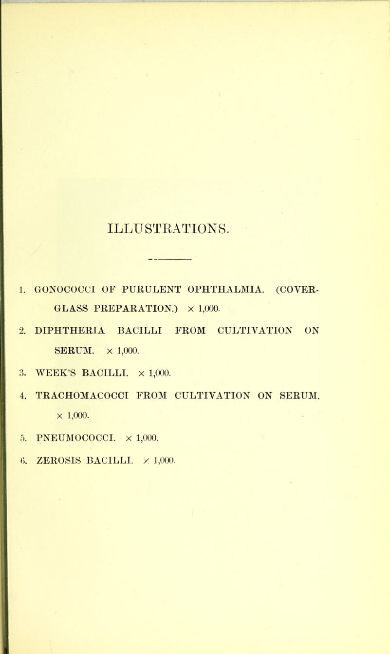 ILLUSTBATIONS. 1. GONOCOCCI OF PURULENT OPHTHALMIA. (COVER- GLASS PREPARATION.) X 1,000. 2. DIPHTHERIA BACILLI FROM CULTIVATION ON SERUM. X 1,000. 3. WEEK’S BACILLI. X 1,000. 4. TRACHOMACOCCI FROM CULTIVATION ON SERUM. X 1,000. 5. PNEUMOCOCCI. X 1,000. 6. ZEROSIS BACILLI, x 1,000.