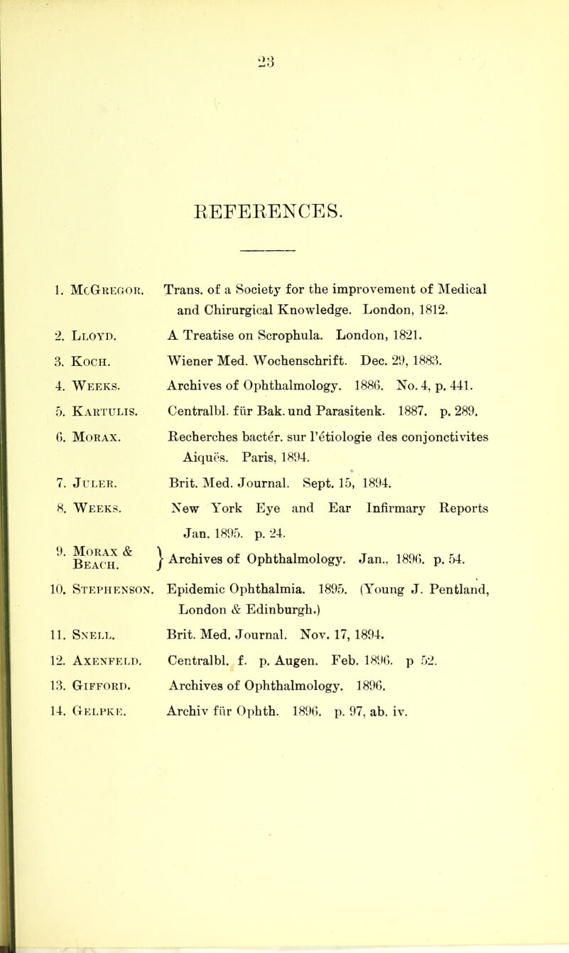 EEFERENCES. 1. McGregor. 2. Lloyd. .3. Koch. 4. Weeks. 5. Kartulis. 6. Morax. 7. JULER. 8. Weeks. 9. Morax & Beach. 10. Stephenson. 11. Snell. 12. Axenfeld. 1.3. Gifford. 14. Gelpke. Trans, of a Society for the improvement of Medical and Chirurgical Knowledge. London, 1812. A Treatise on Scrophula. London, 1821. Wiener Med. Wochenschrift. Dec. 29, 1883. Archives of Ophthalmology. 1886. No. 4, p. 441. Centralbl. fiir Bak. und Parasitenk. 1887. p. 289. Recherches bacter. sur I’etiologie des conjonctivites Aiques. Paris, 1894. Brit. Med. Journal. Sept. 15, 1894. New ITork Eye and Ear Infirmary Reports Jan. 1895. p. 24. I Archives of Ophthalmology. Jan., 1896. p. 54. Epidemic Ophthalmia. 1895. (Young J. Pentland, London & Edinburgh.) Brit. Med. Journal. Nov. 17, 1894. Centralbl. f. p. Augen. Feb. 1896. p 52. Archives of Ophthalmology. 1896. Archiv fiir Ophth. 1896. p. 97, ab. iv.