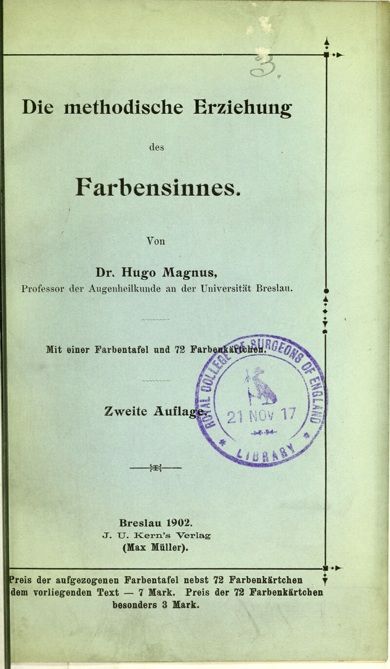 des Farbensinnes. Zweite Von Dn Hugo Magnus, Professor der Augenheilkunde an der Universität Breslau. Mit einer Farbentafel und 72 Breslau 1902. J. XJ. Kerxi’s Verlag (Max Müller). ?reis der aufgezogenen Farbentafel nebst 72 Farbenkärtchen j dem vorliegenden Text — 7 Mark. Preis der 72 Farbenkärtchen besonders 3 Mark.