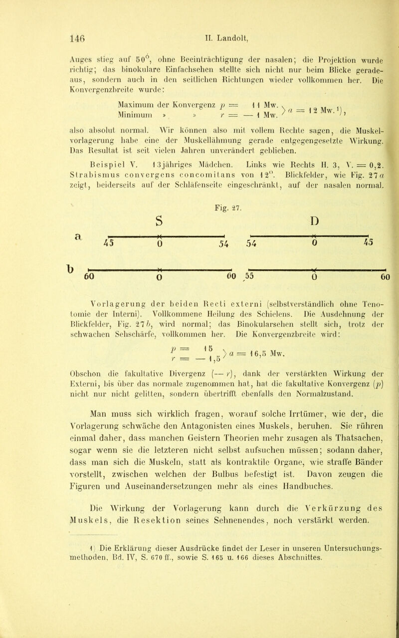 Auges stieg auf 50^, ohne Beeinträchtigung der nasalen; die Projektion wurde richtig; das binokulare Einfachsehen stellte sich nicht nur beim Blicke gerade- aus, sondern auch in den seitlichen flichtungen wieder vollkommen her. Die Konvergenzbreite wurde: Maximum der Konvergenz n = 11 Mw. v AI- • ö ^ V/. = 12 Mw.i , Minimum » » r = — 1 Mw. ^ ’ also absolut normal. Wir können also mit vollem Rechte sagen, die Muskel- vorlagerung habe eine der Muskellähmung gerade entgegengesetzte Wirkung. Das Resultat ist seit vielen Jahren unverändert geblieben. Beispiel V. 13jähriges Mädchen. Links wie Rechts IL 3, Y. = 0,2. Strabismus convergens concomitans von 12‘\ Blickfelder, wie Fig. 27a zeigt, beiderseits auf der Schläfenseite eingeschränkt, auf der nasalen normal. Fig. 27. S D 45 0 54 54 0 45 \) M 1 ■-—.■Ml. 60 0 55 0 60 Vorlagerung der beiden Recti externi (selbstverständlich ohne Teno- tomie der Interni). Vollkommene Heilung des Schielens. Die Ausdehnung der Blickfelder, Fig. 27/>, wird normal; das Binokularsehen stellt sich, trotz der schwachen Sehschärfe, vollkommen her. Die Konvergenzbreite wird: — 16,5 Mw. r = — 1,5^ ’ Obschon die fakultative Divergenz [— r), dank der verstärkten Wirkung der Externi, bis über das normale zugenommen hat, hat die fakultative Konvergenz [j)) nicht nur nicht gelitten, sondern übertrifft ebenfalls den Normalzustand. Man muss sich wirklich fragen, worauf solche Irrtümer, wie der, die Vorlagerung schwäche den Antagonisten eines Muskels, beruhen. Sie rühren einmal daher, dass manchen Geistern Theorien mehr Zusagen als Thatsachen, sogar wenn sie die letzteren nicht selbst aufsuchen müssen; sodann daher, dass man sich die Muskeln, statt als kontraktile Organe, wie straffe Bänder vorstellt, zwischen welchen der Bulbus befestigt ist. Davon zeugen die Figuren und Auseinandersetzungen mehr als eines Handbuches. Die Wirkung der Vorlagerung kann durch die Verkürzung des Muskels, die Resektion seines Sehnenendes, noch verstärkt werden. 1) Die Erklärung dieser Ausdrücke findet der Leser in unseren Untersuchungs- methoden, Bd. IV, S. 670 ff., sowie S. 165 u. 166 dieses Abschnittes.