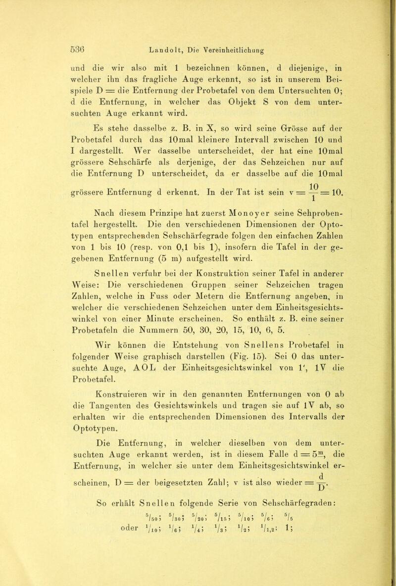 und die wir also mit 1 bezeichnen können, d diejenige, in welcher ihn das fragliche Auge erkennt, so ist in unserem Bei- spiele D = die Entfernung der Probetafel von dem Untersuchten 0; d die Entfernung, in welcher das Objekt S von dem unter- suchten Auge erkannt wird. Es stehe dasselbe z. B. in X, so wird seine Grösse auf der Probetafel durch das lOmal kleinere Intervall zwischen 10 und I dargestellt. Wer dasselbe unterscheidet, der hat eine lOmal grössere Sehschärfe als derjenige, der das Sehzeichen nur auf die Entfernung D unterscheidet, da er dasselbe auf die lOmal grössere Entfernung d erkennt. In der Tat ist sein v = ^ = 10. Nach diesem Prinzipe hat zuerst Monoyer seine Sehproben- tafel hergestellt. Die den verschiedenen Dimensionen der Opto- typen entsprechenden Sehschärfegrade folgen den einfachen Zahlen von 1 bis 10 (resp. von 0,1 bis 1), insofern die Tafel in der ge- gebenen Entfernung (5 m) aufgestellt wird. Snellen verfuhr bei der Konstruktion seiner Tafel in anderer Weise: Die verschiedenen Gruppen seiner Sehzeichen tragen Zahlen, welche in Fuss oder Metern die Entfernung angeben, in welcher die verschiedenen Sehzeichen unter dem Einheitsgesichts- winkel von einer Minute erscheinen. So enthält z. B. eine seiner Probetafeln die Nummern 50, 30, 20, 15, 10, 6, 5. Wir können die Entstehung von Snellens Probetafel in folgender Weise graphisch darstellen (Fig. 15). Sei 0 das unter- suchte Auge, AOL der Einheitsgesichtswinkel von 1', IV die Probetafel. Konstruieren wir in den genannten Entfernungen von 0 ab die Tangenten des Gesichtswinkels und tragen sie auf IV ab, so erhalten wir die entsprechenden Dimensionen des Intervalls der Optotypen. Die Entfernung, in welcher dieselben von dem unter- suchten Auge erkannt werden, ist in diesem Falle d = 5“, die Entfernung, in welcher sie unter dem Einheitsgesichtswinkel er- scheinen, D = der beigesetzten Zahl; v ist also wieder = So erhält Snellen folgende Serie von Sehschärfegraden 5/ . 5/ . 5/ . 5/ . 5/ . 5/ . 5/ /50> I30J /20) /l5> /105 /65 /6 oder Vio; Vei V4; Vsi V2; Vi,2; 1;