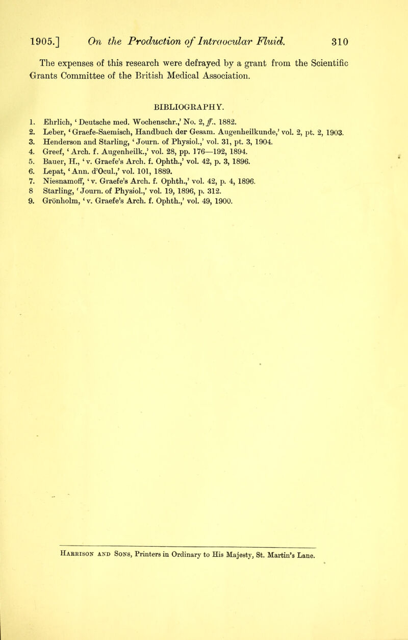 The expenses of this research were defrayed by a grant from the Scientific Grants Committee of the British Medical Association. BIBLIOGRAPHY. 1. Ehrlich, ‘Deutsche med. Wochenschr.,’ No. 2,/“., 1882. 2. Leber, ‘ Graefe-Saemisch, Handbuch der Gesam. Augenheilkunde,’ vol. 2, pt. 2, 1903. 3. Henderson and Starling, ‘ Journ. of Physiol.,’ vol. 31, pt. 3, 1904. 4. Greef, ‘Arch. f. Augenheilk.,’ vol. 28, pp. 176—192, 1894. 5. Bauer, H., ‘ v. Graefe’s Arch. f. Ophth.,’ vol. 42, p. 3, 1896. 6. Lepat, ‘Ann. d’Ocul.,^ vol. 101, 1889. 7. Niesnamoff, ‘ v. Graefe’s Arch. f. Ophth.,’ vol. 42, p. 4, 1896. 8 Starling, ‘Journ. of Physiol.,’ vol. 19, 1896, p. 312. 9. Gronholm, ‘ v. Graefe’s Arch. f. Ophth.,’ vol. 49, 1900. Haeeison and Sons, Printers in Ordinary to His Majesty, St. Martin’s Lane.