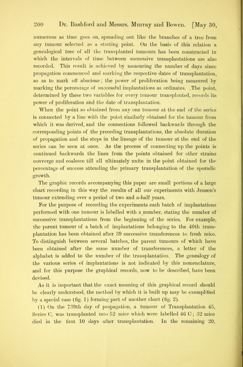 numerous as time goes on, spreading out like the branches of a tree from any tumour selected as a starting point. On the basis of this relation a genealogical tree of all tlie transplanted tumours has been constructed in which the intervals of time between successive transplantations are also recorded. This result is achieved by measuring the number of days since propagation commenced and marking the respective dates of transplantation, so as to mark off abscissae; the power of proliferation being measured by marking the percentage of successful implantations as ordinates. .The point, determined by these two variables for every tumour transplanted, records its power of proliferation and the date of transplantation. When the point so obtained from any one tumour at the end of tlie series is connected by a line with the point similarly obtained for the tumour from which it was derived, and the connections followed backwards through the corresponding points of the preceding transplantations, the absolute duration of propagation and the steps in the lineage of the tumour at the end of the series can be seen at once. As the process of connecting up the points is continued backwards the lines from the points obtained for other strains converge and coalesce till all ultimately unite in the point obtained for the percentage of success attending the primary transplantation of the sporadic growth. The graphic records accompanying this paper are small portions of a large chart recording in this way the results of all our experiments with Jensen’s tumour extending over a period of two and a-half years. For the purpose of recording the experiments each batch of implantations performed with one tumour is labelled with a number, stating the number of successive transplantations from the beginning of the series. For example, the parent tumour of a batch of implantations belonging to the 40th trans- plantation has been obtained after 39 successive transferences to fresh mice. To distinguish between several batches, the parent tumours of which have been obtained after the same number of transferences, a letter of the alphabet is added to the number of the transplantation. The genealogy of the various series of implantations is not indicated by this nomenclature, and for this purpose the graphical records, now to be described, have been devised. As it is important that the exact meaning of this graphical record should be clearly understood, the method by which it is built up may be exemplified by a special case (fig. 1) forming part of another chart (fig. 2). (1) On the 739th day of propagation, a tumour of Transplantation 45, Series C, was transplanted into 52 mice which were labelled 46 C; 32 mice died in the first 10 days after transplantation. In the remaining 20,