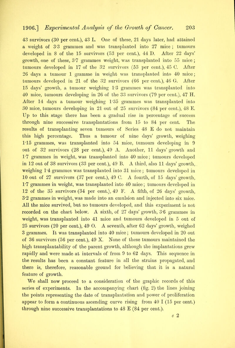 43 survivors (30 per cent.), 43 L. One of these, 21 days later, had attained a weight of 3*3 grammes and was transplanted into 27 mice ; tumours developed in 8 of the 15 survivors (53 per cent.), 44 D. After 22 days’ growth, one of these, 3*7 grammes weight, was transplanted into 55 mice ; tumours developed in 17 of the 32 survivors (53 per cent.), 45 C. After 26 days a tumour 1 gramme in weight was transplanted into 40 mice; tumours developed in 21 of the 32 survivors (66 per cent.), 46 G. After 15 days’ growth, a tumour weighing 1'3 grammes was transplanted into 40 mice, tumours developing in 26 of the 33 survivors (79 per cent.), 47 H. After 14 days a tumour weighing 1'35 grammes was transplanted into 30 mice, tumours developing in 21 out of 25 survivors (84 per cent.), 48 E. Up to this stage there has been a gradual rise in percentage of success through nine successive transplantations from 15 to 84 per cent. The results of transplanting seven tumours of Series 48 E do not maintain this high percentage. Thus a tumour of nine days’ growth, weighing 1T5 grammes, was transplanted into 54 mice, tumours developing in 9 out of 32 survivors (28 per cent.), 49 A. Another, 11 days’ growth and 1'7 grammes in weight, was transplanted into 40 mice; tumours developed in 12 out of 38 survivois (33 per cent.), 49 B. A third, also 11 days’ growth, weighing 1*4 grammes was transplanted into 31 mice; tumours developed in 10 out of 27 survivors (37 per cent.), 49 C. A fourth, of 15 days’ growth, 17 grammes in weight, was transplanted into 40 mice; tumours developed in 12 of the 35 survivors (34 per cent.), 49 E. A fifth, of 26 days’ growth, 3*2 grammes in weight, was made into an emulsion and injected into six mice. All the mice survived, but no tumours developed, and this experiment is not recorded on the chart below. A sixth, of 27 days’ growth, 3*6 grammes in weight, was transplanted into 41 mice and tumours developed in 5 out of 25 survivors (20 per cent.), 49 0. A seventh, after 62 days’ growth, weighed 3 grammes. It was transplanted into 40 mice; tumours developed in 20 out of 36 survivors (56 per cent.), 49 X. Xone of these tumours maintained the high transplantability of the parent growth, although the implantations grew rapidly and were made at intervals of from 9 to 62 days. This sequence in the results has been a constant feature in all the strains propagated, and there is, therefore, reasonable ground for believing that it is a natural feature of growth. We shall now proceed to a consideration of the graphic records of this series of experiments. In the accompanying chart (fig. 2) the lines joining the points representing the date of transplantation and power of proliferation appear to form a continuous ascending curve rising from 40 I (15 per cent.) through nine successive transplantations to 48 E (84 per cent.). c 2
