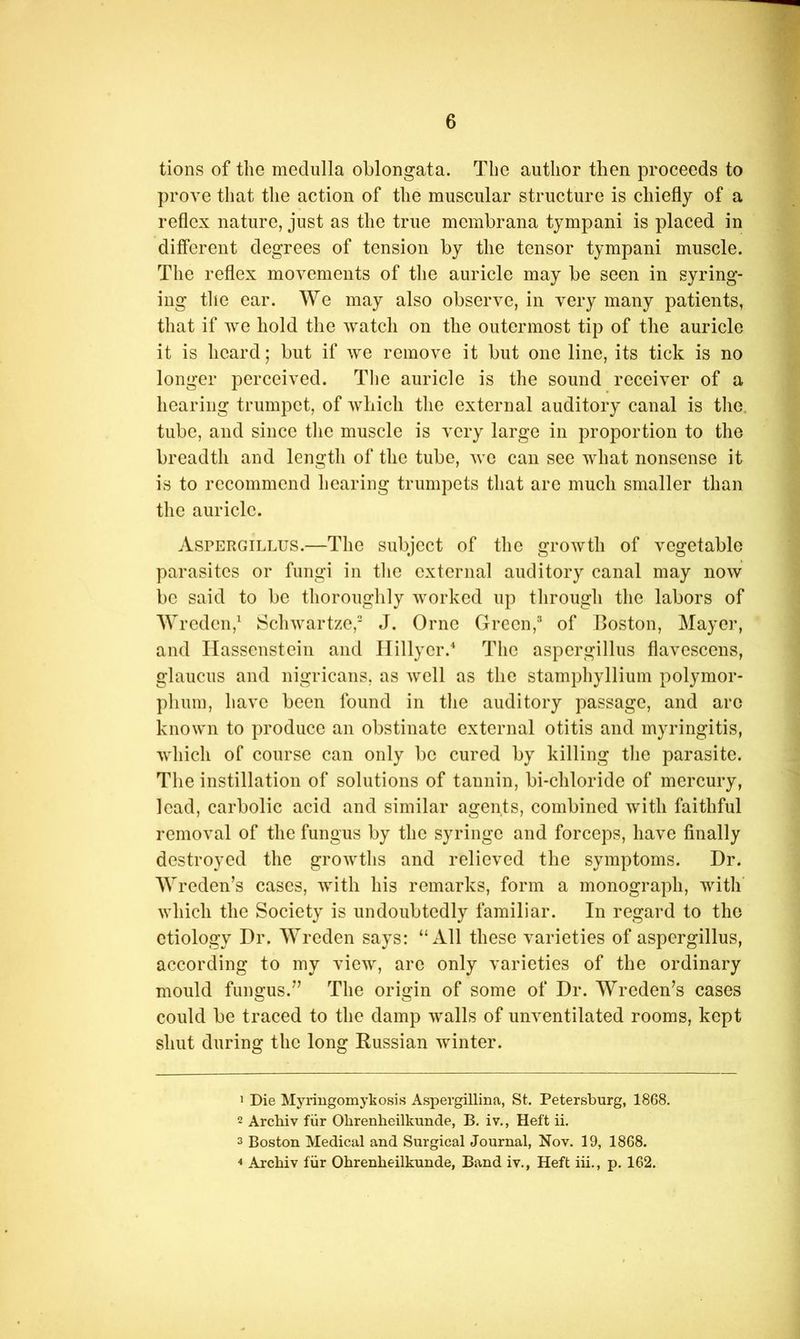 tions of the medulla oblongata. The author then proceeds to prove that the action of the muscular structure is chiefly of a reflex nature, just as the true membrana tympani is placed in different degrees of tension by the tensor tympani muscle. The reflex movements of the auricle may be seen in syring- ing tlie car. We may also observe, in very many patients, that if we hold the watcli on the outermost tip of the auricle it is heard; but if we remove it but one line, its tick is no longer perceived. The auricle is the sound receiver of a hearing trumpet, of Avhich the external auditory canal is tlie. tube, and since tlie muscle is very large in proportion to the breadth and length of the tube, avc can see what nonsense it is to recommend hearing trumpets that arc much smaller than the auricle. Aspergillus.—The subject of the groAvth of vegetable parasites or fungi in the external auditory canal may now be said to be thoroughly Avorked up through the labors of AVreden,^ ScliAAmrtze,' J. Orne Grccn,^ of lloston, Mayer, and Ilasscnstein and Ilillycr.^ The aspcrgillus flavescens, glaucus and nigricans, as avcU as the stamphyllium polymor- phum, have been found in the auditory passage, and arc known to produce an obstinate external otitis and myringitis, AA'hich of course can only be cured by killing the parasite. The instillation of solutions of tannin, bi-chloridc of mercury, lead, carbolic acid and similar agents, combined Avith faithful removal of the fungus by the syringe and forceps, have finally destroyed the groAAThs and relieved the symptoms. Dr. AVreden’s cases, Avith his remarks, form a monograph, with' AAdiich the Society is undoubtedly familiar. In regard to the etiology Dr. AA'rcden says: “All these varieties of aspcrgillus, according to my vicAV, arc only varieties of the ordinary mould fungus.’’ The origin of some of Dr. AVreden’s cases could be traced to the damp Avails of unventilated rooms, kept shut during the long Russian winter. 1 Die Myringomykosis Aspergillina, St. Petersburg, 1868. 2 Arebiv fiir Olirenheilkunde, B. iv., Heft ii. 3 Boston Medical and Surgical Journal, Nov. 19, 1868. * Arebiv fiir Ohrenbeilkunde, Band iv., Heft iii., p. 162.