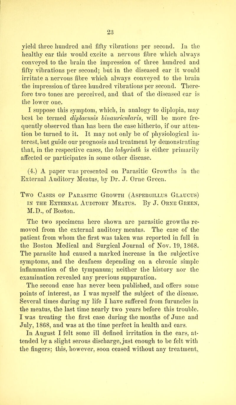 yield three hundred and fifty vibrations per second. In the healthy ear this would excite a nervous fibre which always conveyed to the brain the impression of three hundred and fifty vibrations per second; but in the diseased ear it would irritate a nervous fibre which always conveyed to the brain the impression of three hundred vibrations per second. There- fore two tones are perceived, and that of the diseased car is the lower one. I suppose this symptom, which, in analogy to diplopia, may best be termed diplacusis hinauricularis, will be more fre- quently observed than has been the case hitherto, if our atten- tion be turned to it. It may not only be of physiological in- terest, but guide our prognosis and treatment by demonstrating that, in the respective cases, the labyrinth is eitlier primarily affected or participates in some other disease. (4.) A paper v/as presented on Parasitic Growths in the External Auditory Meatus, by Dr. J. Orne Green. Two Cases of Parasitic Growth (Asperoillus Glaucus) IN THE External Auditory Meatus. By J. Orne Green, M.D., of Boston. The two specimens here shown are parasitic growths re- moved from the external auditory meatus. The case of the patient from whom the first w^as taken was reported in full in the Boston Medical and Surgical Journal of Nov. 19, 1868. The parasite had caused a marked increase in the subjective symptoms, and the deafness depending on a chronic simple inflammation of the tympanum; neither the history nor the examination revealed any previous suppuration. The second case has never been published,, and offers some points of interest, as I was myself the subject of the disease. Several times during my life I have suffered from furuncles in the meatus, the last time nearly two years before this trouble. I was treating the first case during the months of June and July, 1868, and was at the time perfect in health and ears. In August I felt some ill defined irritation in the ears, at- tended by a slight serous discharge, just enough to be felt with the fingers; this, however, soon ceased without any treatment,,
