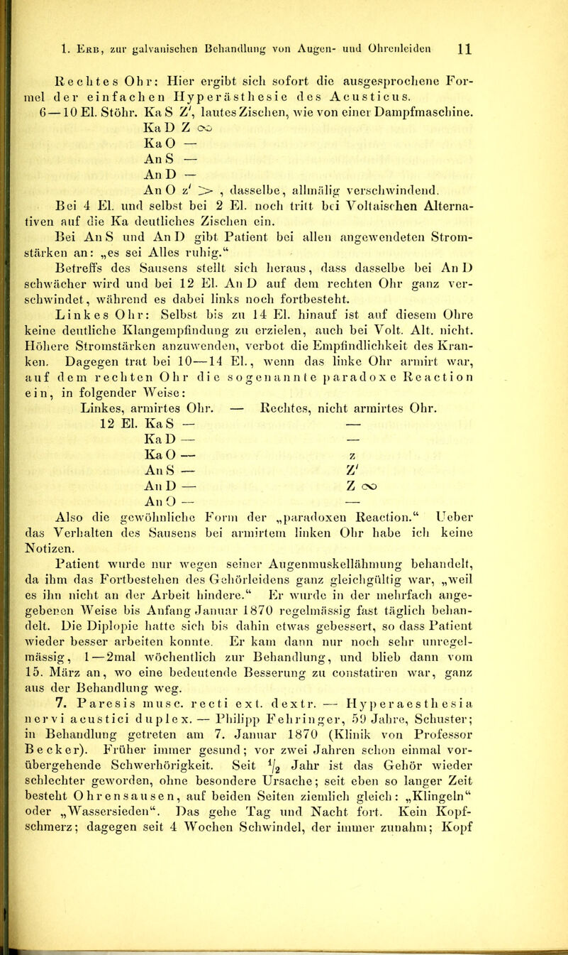 Rechtes Ohr; Hier ergibt sich sofort die ausgesprochene For- mel der einfachen Hyperästhesie des Acusticus. 6 — lOEl. Stöhr. Ka S Z', lautes Zischen, Avie von einer Dampfmaschine. Ka D Z <-0 KaO — An S — AnD - An O z' > , dasselbe, allmülig verscliwindend. Bei 4 El. und selbst bei 2 El. noch tritt bei Vollaischen Alterna- tiven auf die Ka deutliches Zischen ein. Bei An S und An D gibt Patient bei allen angewendeten Strom- stärken an: „es sei Alles ruhig.“ Betreffs des Sausens stellt sich heraus, dass dasselbe bei An D schwächer wird und bei 12 El. AnD auf dem rechten Ohr ganz ver- schwindet, während es dabei links noch fortbesteht. Linkes Ohr: Selbst bis zu 14 El. hinauf ist auf diesem Ohre keine deutliche Klangempfindung zu erzielen, auch bei Volt. Alt. nicht. Höhere Stromstärken anzuwenden, verbot die Empfindlichkeit des Kran- ken, Dagegen trat bei 10—14 EL, Avenn das linke Ohr armirt Avar, auf dem rechten Ohr die s o g e n a n n t e paradoxe R e a c t i o n ein, in folgender Weise: Linkes, armirtes Ohr. — Rechtes, nicht arrnirtes Ohr. 12 El. KaS — — Ka D — — KaO — z An S — Z' An D — Z 00 An O — — Also die geAVöhnlichc Form der „paradoxen Reaction.“ Lieber das Verhalten des Sausens bei armirtem linken Ohr habe ich keine Notizen. Patient wurde nur Avegen seiner Augenmuskellähmung behandelt, da ihm das Fortbestehen des Gehörleidens ganz gleichgültig war, „weil es ihn nicht an der Arbeit hindere.“ Er Avurdc in der mehrfach ange- gebenen Weise bis Anfang Januar 1870 regelmässig fast täglich behan- delt. Die Diplopie hatte sich bis dahin etAvas gebessert, so dass Patient Avieder besser arbeiten konnte. Er kam dann nur noch sehr unregel- mässig, 1—2mal wöchentlich zur Behandlung, und blieb dann vom 15. März an, wo eine bedeutende Besserung zu constatiren war, ganz aus der Behandlung weg. 7. P a r e s i s m u s c. r e c t i e x t. d e x t r. — H y j) e r a e s t h e s i a nervi acustici duplex. — Philipp Fehringer, 50 Jahre, Schuster; in Behandlung getreten am 7. Januar 1870 (Klinik von Professor Becker). Früher immer gesund; vor zwei Jahren schon einmal vor- übergehende Schwerhörigkeit. Seit Jahr ist das Gehör Avieder schlechter geAvorden, ohne besondere Ursache; seit eben so langer Zeit besteht Ohrensausen, auf beiden Seiten ziemlich gleich: „Klingeln“ oder „Wassersieden“. Das gehe Tag und Nacht fort. Kein Kopf-