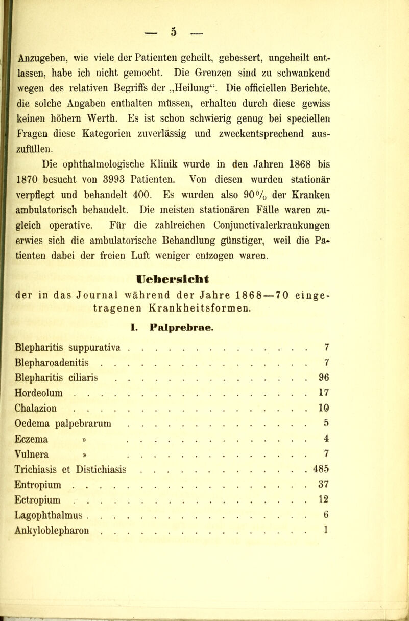 Anzugeben, wie viele der Patienten geheilt, gebessert, ungeheilt ent- lassen, habe ich nicht gemocht. Die Grenzen sind zu schwankend wegen des relativen Begriffs der „Heilung“. Die officiellen Berichte, die solche Angaben enthalten müssen, erhalten durch diese gewiss keinen hohem Werth. Es ist schon schwierig genug bei speciellen Fragen diese Kategorien zuverlässig und zweckentsprechend aus- zufüllen. Die ophthalmologische Klinik wurde in den Jahren 1868 bis 1870 besucht von 3993 Patienten. Von diesen wurden stationär verpflegt und behandelt 400. Es wurden also 90% der Kranken ambulatorisch behandelt. Die meisten stationären Fälle waren zu- gleich operative. Für die zahlreichen Conjunctivalerkrankungen erwies sich die ambulatorische Behandlung günstiger, weil die Pa- tienten dabei der freien Luft weniger entzogen waren. IJebersiclit der in das Journal während der Jahre 1868 — 70 einge- tragenen Krankheitsformen. I. Palprebrae. Blepharitis suppurativa 7 Blepharoadenitis 7 Blepharitis ciliaris 96 Hordeolum 17 Chalazion 10 Oedema palpebrarum 5 Eczema » 4 Vulnera » 7 Trichiasis et Distichiasis 485 Entropium 37 Ectropium 12 Lagophthalmus 6 Ankyloblepharon 1