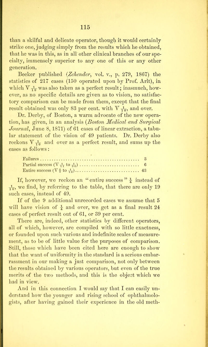 than a skilful and delicate operator, though it would certainly strike one, judging simply from the results which he obtained, that he was in this, as in all other clinical branches of our spe- cialty, immensely superior to any one of this or any other generation. Becker published (Zeliender^ vol. v., p. 279, 1867) the statistics of 217 cases (150 operated upon by Prof. Arlt), in which YjL was also taken as a perfect result; inasmuch, how- ever, as no specific details are given as to vision, no satisfac- tory comparison can be made from them, except that the final result obtained w^as only 83 per cent, with Y yV? over. Dr. Derby, of Boston, a warm advocate of the new opera- tion, has given, in an analysis {Boston Medical and Surgical Journal^ June 8, 1871) of 61 cases of linear extraction, a tabu- lar statement of the vision of 49 patients. Dr. Derby also reckons Y ^ and over as a perfect result, and sums up the cases as follows: Failures 3 Partial success (V to 6 Entire success (V to yV) 43 If, however, we reckon an entire success ” \ instead of yL-, we find, by referring to the table, that there are only 19 such cases, instead of 49. If of the 9 additional unrecorded cases we assume that 5 will have vision of J and over, we get as a final result 24 cases of perfect result out of 61, or 39 per cent. There are, indeed, other statistics by different operators, all of which, however, are compiled with so little exactness, or founded upon such various and indefinite scales of measure- ment, as to be of little value for the purposes of comparison. Still, those which have been cited here are enough to show that the want of uniformity in the standard is a serious embar- rassment in our making a just comparison, not only between the results obtained by various operators, but even of the true merits of the two methods, and this is the object which we had in view. And in this connection I would say that I can easily un- derstand how the younger and rising school of ophthalmolo- gists, after having gained their experience in the old meth-
