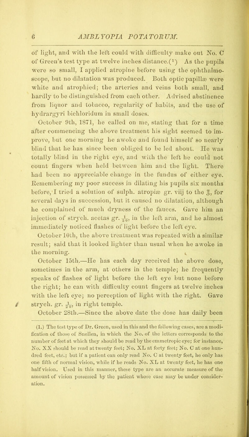 of light, and with the left could with difficulty make out No. C of Green’s test type at twelve inches distance.(^) As the pupils were so small, I applied atropine before using the ophthalmo- scope, but no dilatation was produced. Both optic papillae were white and atrophied; the arteries and veins both small, and hardly to be distinguished from each other. Advised abstinence from liquor and tobacco, regularity of habits, and the use of hydrargyri bichloridum in small doses. October 9th, 1871, he called on me, stating that for a time after commencing the above treatment his sight seemed to im- prove, but one morning he awoke and found himself so nearly blind that he has since been obliged to be led about. lie was totally blind in the right eye, and wiLh the left he could not count fingers when held between him and the light. There had been no appreciable change in the fundus of either eye. liemembering my poor success in dilating his })upils six months before, I tried a solution of sulph. atropim gr. viij to the for several days in succession, but it caused no dilatation, although he complained of much dryness of the fauces. Gave him an injection of strych. acetas gr. in the left arm, and he almost immediately noticed flashes of light before the left eye. October lOth, the above treatment was repeated with a similar result; said that it looked lighter than usual when he awoke in the morning. October 15th.—He has each day received the above dose, sometimes in the arm, at others in the temple; he frequently speaks of flashes of light before the left eye but none before the right; he can with difficulty count fingers at twelve inches with the left eye; no perception of light with the right. Gave strych. gr. i^^ right temple. October 28th.—Since the above date the dose has daily been (1.) The test type of Dr. Green, used in this and the following cases, are a modi- fication of those of Snellen, in which the No. of the letters corresponds to the number of feet at which they should be read by the emmetropic eye; for instance, No. XX should be read at twenty feet; No. XL at forty feet; No. C at one hun- dred feet, etc.; but if a patient can only read No. C at twenty feet, he only has one fifth of normal vision, while if he reads No. XL at twenty feet, he has one half vision. Used in this manner, these type are an accurate measure of the amount of vision possessed by the patient whose case may be under consider- ation.