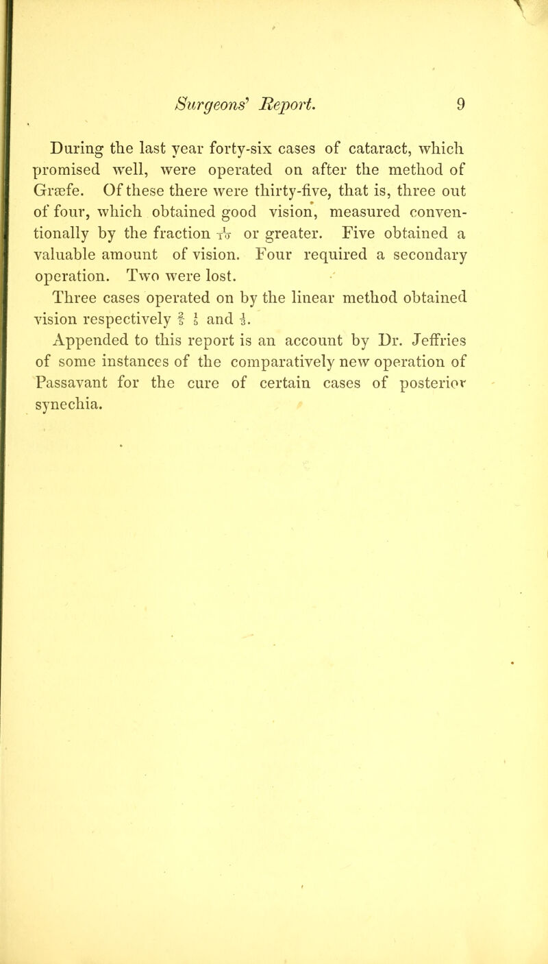 Daring the last year forty-six cases of cataract, which promised well, were operated on after the method of Grsefe. Of these there were thirty-five, that is, three out of four, which obtained good vision, measured conven- tionally by the fraction tV or greater. Five obtained a valuable amount of vision. Four required a secondary operation. Two were lost. Three cases operated on by the linear method obtained vision respectively f I and i. Appended to this report is an account by Dr. Jeffries of some instances of the comparatively new operation of Passavant for the cure of certain cases of posterior synechia.