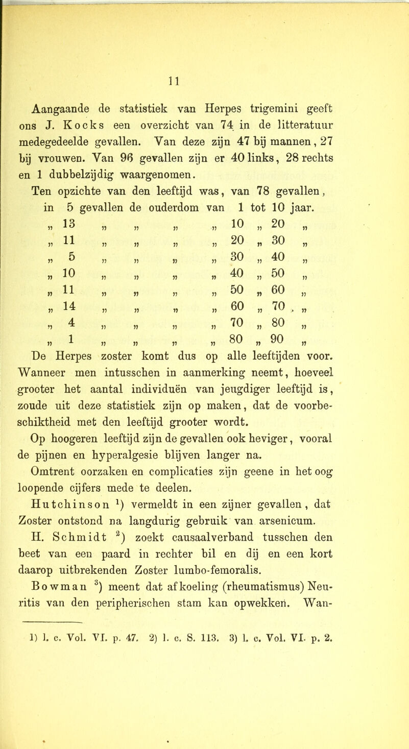 Aangaande de statistiek van Herpes trigeraini geeft ons J. Kocks een overzicht van 74 in de litteratuur medegedeelde gevallen. Van deze zijn 47 bij mannen, 27 bij vrouwen. Van 96 gevallen zijn er 40 links, 28 rechts en 1 dubbelzijdig waargenomen. Ten opzichte van den leeftijd was, van 78 gevallen, in 5 gevallen de ouderdom van 1 tot 10 jaar. « 13 77 77 77 77 10 77 20 „ J7 11 77 77 77 77 20 77 30 „ J7 5 77 77 7? 77 30 77 40 „ JJ 10 77 77 77 77 40 77 50 „ »J 11 77 77 77 77 50 77 60 „ J7 14 77 77 77 77 60 77 TO . „ 77 4 77 77 77 77 70 77 80 „ J7 1 77 77 77 77 80 77 90 „ e Herpes zoster komt dus op alle leeftijden voor. Wanneer men intusschen in aanmerking neemt, hoeveel grooter het aantal individuen van jeugdiger leeftijd is, zoude uit deze statistiek zijn op maken, dat de voorbe- schiktheid met den leeftijd grooter wordt. Op hoogeren leeftijd zijn de gevallen ook heviger, vooral de pijnen en hyperalgesie blijven langer na. Omtrent oorzaken en complicaties zijn geene in het oog loopende cijfers mede te deelen. Hutchinson vermeldt in een zijner gevallen, dat Zoster ontstond na langdurig gebruik van arsenicum. H. Schmidt zoekt causaalverband tusschen den beet van een paard in rechter bil en dij en een kort daarop uitbrekenden Zoster lumbo-femoralis. Bowman meent dat af koeling (rheumatismus) Neu- ritis van den peripherischen stam kan opwekken. Wan- 1) I. c. Vol. VI. p. 47. 2) 1. c. S. 113. 3) 1. c. Vol. VI. p, 2.