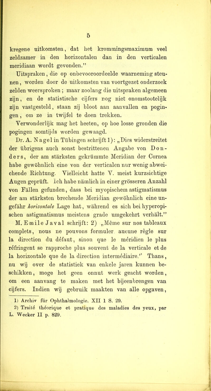 kregene uitkomsten, dat het krommingsmaximum veel zeldzamer in den horizontalen dan in den verticalen meridiaan 'svordt gevonden.” Uitspraken, die op onbevooroordeelde waarneming steu- nen , worden door de uitkomsten van voortgezet onderzoek zelden weersproken ; maar zoolang die uitspraken algemeen zijn, en de statistische cijfers nog niet onomstootelijk zijn vastgesteld, staan zij bloot aan aanvallen en pogin- gen , om ze in twijfel te doen trekken. Verwonderlijk mag het heeten, op hoe losse gronden die pogingen somtijds worden gewaagd. Dr. A. Nagel in Tübingen schrijft 1): „Dies widerstreitet der übrigens auch sonst bestrittenen Angabe von Don- ders, der am starksten gekrümmte Meridian der Cornea habe gewöhnlich eine von der verticalen niir wenig abwei- chende Eichtung. Yielleicht batte Y. meist kurzsichtige Augen geprüft. Ich habe namlich in einer grosseren Anzahl von Tallen gefunden, dass bei myopischem astigmatismus der am starksten brechende Meridian gewöhnlich eine un- gefahr horizontale Lage hat, wahrend es sich bei hyperopi- schen astigmatismus meistens grade umgekehrt verhalt.” M. Emile Javal schrijft: 2) „Même sur nos tableaux complets, nous ne pouvons formuler aucune régie sur la direction du défaut, sinon que Ie méridien Ie plus réfringent se rapproche plus souvent de la verticale et de la horizontale que de la direction intermédiaire.’’ Thans, nu wij over de statistiek van enkele jaren kunnen be- schikken , moge het geen onnut werk geacht worden, om een aanvang te maken met het bijeenbrengen van cijfers. Indien wij gebruik maakten van alle opgaven, 1) Archiv für Ophthalmologie. XII 1 S. 29. 2) Traité théorique et pratique des maladies des yeux, par L. Wecker II p. 829,