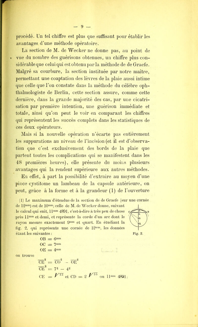 procédé. Un tel chiffre est plus que suffisant pour établir les avantages d’une méthode opératoire. La section de M. de Wecker ne donne pas, au point de vue du nombre des guérisons obtenues, un chiffre plus con- sidérable que celui qui est obtenu par la méthode de de Graefe. Malgré sa courbure, la section instituée par notre maître, permettant une coaptation des lèvres de la plaie aussi intime que celle que l’on constate dans la méthode du célèbre oph- thalmologiste de Berlin, cette section assure, comme cette dernière, dans la grande majorité des cas, par une cicatri- sation par première intention, une guérison immédiate et totale, ainsi qu’on peut le voir en comparant les chiffres qui représentent les succès complets dans les statistiques de ces deux opérateurs. Mais si la nouvelle opération n’écarte pas entièrement les suppurations au niveau de l’incision (et il est d’observa- tion que c’est exclusivement des bords de la plaie que partent toutes les complications qui se manifestent dans les 48 premières heures), elle présente du moins plusieurs avantages qui la rendent supérieure aux autres méthodes. En effet, à part la possibilité d’extraire au moyen d’une pince cystitome un lambeau de la capsule antérieure, on peut, grâce à la forme et à la grandeur (1) de l’ouverture ( I ) Le maximum d’étendue de la section de de Gi*aefe (sur une cornée de 12^“™) est de celle de M. de Wecker donne, suivant le calcul qui suit, ll“m qgQl, c’est-à-dii*e à très peu de chose près 11^'^ et demi, et représente la corde d’un arc dont le rayon mesure exactement 9“^ et quart. En étudiant la tig. 2, qui représente une cornée de 12“-^“, les données étant les suivantes : Fig. 2. OB = OC = OE = CE^ = - Oe“^ CË^ 72 - 42 CE = et CD = 2 ou 11'“^ ^^91, on trouve