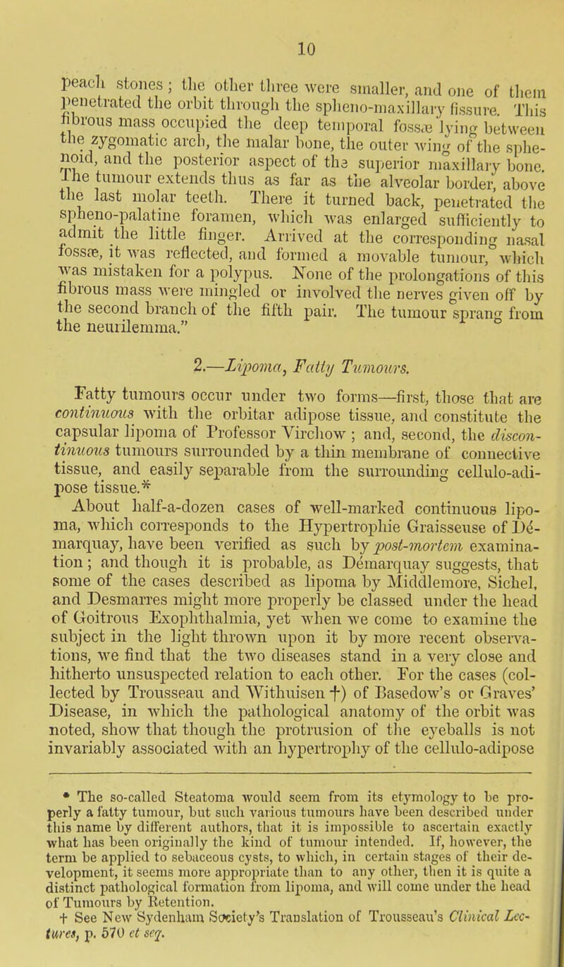 peacli stones ; the other three were smaller, and one of them penetrated the orbit through the spheno-maxillary fissure This fibrous mass occupied the deep temporal fossce lying between tfie zygomatic arch, the malar bone, the outer wing of the sphe- noid, and the posterior aspect of the superior maxillary bone. Ihe tumour extends thus as far as the alveolar border above the last molar teeth. There it turned back, penetrated the spheno-palatine foramen, which was enlarged sufficiently to admit the little finger. Arrived at the corresponding nasal fossa?, it was reflected, and formed a movable tumour, which v as mistaken for a polypus. None of the prolongations of this fibrous mass were mingled or involved the nerves given off by the second branch of the fifth pair. The tumour sprang from the neurilemma.” 2.—lipoma, Fatly Tumours. Fatty tumours occur under two forms—first, those that are continuous with the orbitar adipose tissue, and constitute the capsular lipoma of Professor Virchow ; and, second, the discon- tinuous tumours surrounded by a thin membrane of connective tissue, and easily separable from the surrounding cellulo-adi- pose tissue.* About half-a-dozen cases of well-marked continuous lipo- ma, which corresponds to the Hypertropliie Graisseuse of I)d- marquay, have been verified as such by post-mortem examina- tion ; and though it is probable, as Demarquay suggests, that some of the cases described as lipoma by Middlemore, Sichel, and Desmarres might more properly be classed under the head of Goitrous Exophtlialmia, yet when we come to examine the subject in the light thrown upon it by more recent observa- tions, we find that the two diseases stand in a very close and hitherto unsuspected relation to each other. For the cases (col- lected by Trousseau and Withuisen f) of Basedow’s or Graves’ Disease, in which the pathological anatomy of the orbit was noted, show that though the protrusion of the eyeballs is not invariably associated with an hypertrophy of the cellulo-adipose • The so-called Steatoma would seem from its etymology to be pro- perly a fatty tumour, but such various tumours have been described under this name by different authors, that it is impossible to ascertain exactly what has been originally the kind of tumour intended. If, however, the term be applied to sebaceous cysts, to which, in certain stages of their de- velopment, it seems more appropriate than to any other, then it is quite a distinct pathological formation from lipoma, and will come under the head of Tumours by Retention. t See New Sydenham Society’s Translation of Trousseau’s Clinical Lec- tures, p. 570 ct sep