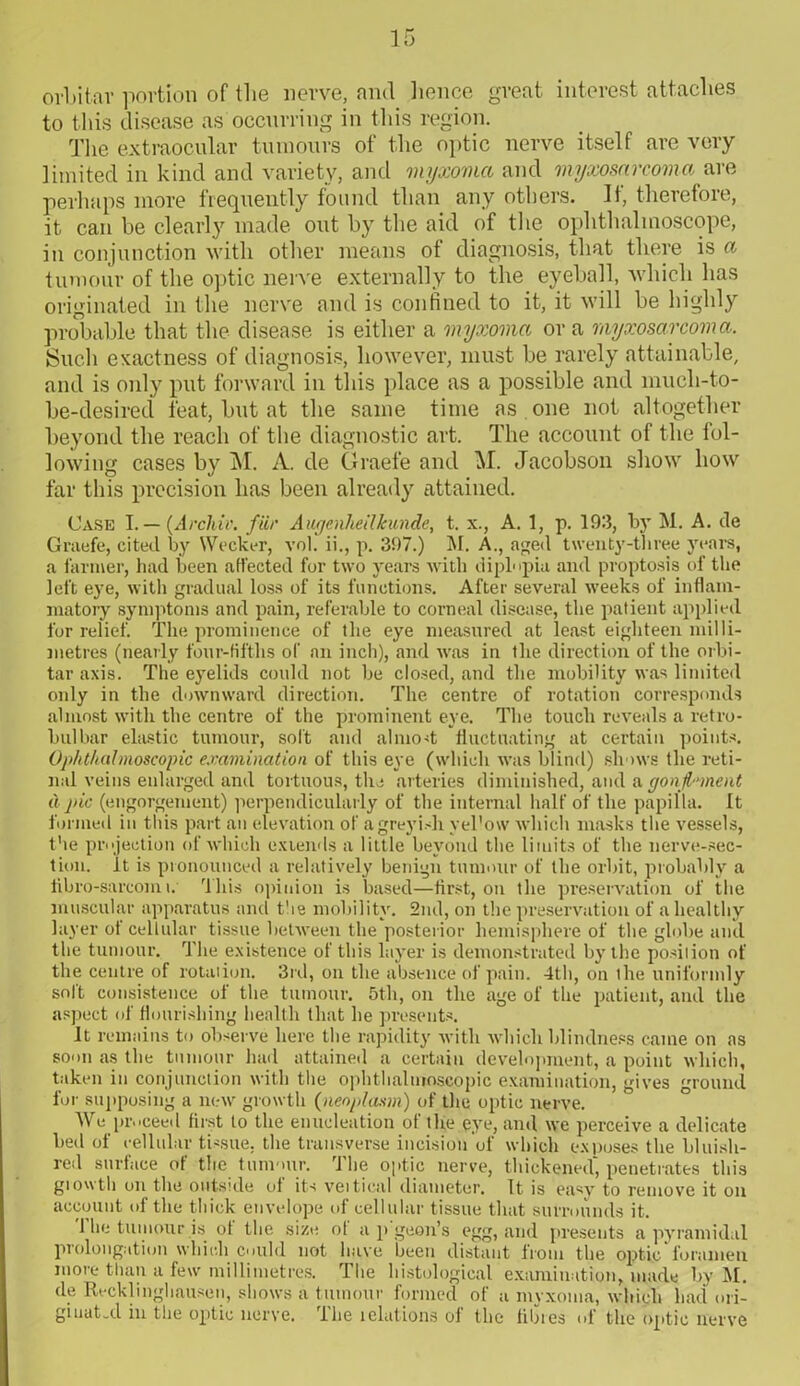 orbitar portion of the nerve, and lienee great interest attaches to this disease as occurring in this region. The extraocular tumours of the optic nerve itself are very- limited in kind and variety, and myxoma and myxosarcoma are perhaps more frequently found than any others. It, therefore, it can be clearly made out by the aid of the ophthalmoscope, in conjunction with other means of diagnosis, that there is a tumour of the optic nerve externally to the eyeball, which has originated in the nerve and is confined to it, it will be highly probable that the disease, is either a myxoma or a myxosarcoma. Such exactness of diagnosis, however, must be rarely attainable, and is only put forward in this place as a possible and mucli-to- be-desired feat, but at the same time as . one not altogether beyond the reach of the diagnostic art. The account of the fol- lowing cases by M. A. de Graefe and M. Jacobson show how far this precision has been already attained. Case I. — (Archiv. flic Augcnheilkun.de, t. x., A. 1, p. 193, by M. A. de Graefe, cited by Wecker, vol. ii., p. 397.) M. A., aged twenty-three years, a farmer, had been affected fur two years with diplupia and proptosis of the left eye, with gradual loss of its functions. After several weeks of inflam- matory symptoms and pain, referable to corneal disease, the patient applied for relief. The prominence of the eye measured at least eighteen milli- metres (nearly four-fifths of an inch), and was in the direction of the orbi- tar axis. The eyelids could not be closed, and the mobility was limited only in the downward direction. The centre of rotation corresponds almost with the centre of the prominent eye. The touch reveals a retro- bulbar elastic tumour, soft and almost fluctuating at certain points. Ophthalmoscopic examination of this eye (which was blind) shows the reti- nal veins enlarged and tortuous, the arteries diminished, and a gonp’ment a pic (engorgement) perpendicularly of the internal half of the papilla, it formed in this part an elevation of a greyish yel’ow which masks the vessels, the projection of which extends a little beyond the limits of the nerve-sec- tion. it is pronounced a relatively benign tumour of the orbit, probably a iibro-sarcomi. This opinion is based—first, on the preservation of the muscular apparatus and the mobility. 2nd, on the preservation of a healthy layer of cellular tissue between the posterior hemisphere of the globe and the tumour. The existence of this layer is demonstrated by the position of the centre of rotation. 3rd, on the absence of pain. 4th, on the uniformly soft consistence of the tumour. 5th, on the age of the patient, and the aspect of flourishing health that he presents. It remains to observe here the rapidity with which blindness came on as soon as the tumour had attained a certain development, a point which, taken in conjunction with the ophthalmoscopic examination, gives ground for supposing a new growth (neoplasm) of the optic nerve. We proceed first to the enucleation of the eye, and we perceive a delicate bed of cellular tissue, the transverse incision of which exposes the bluish- red surface of the tumour. The optic nerve, thickened', penetrates this growth on the outside of its veitical diameter. It is easy to remove it on account of the thick envelope of cellular tissue that surrounds it. 1 he tumour is of the size of a p geen’s egg, and presents a pyramidal prolongation which could not have been distant from the optic foramen more than a few millimetres. The histological examination, made by M. de Recklinghausen, shows a tumour formed of a myxoma, which had ori- ginated in the optic nerve, lhe ielutions of the fibres of the optic nerve