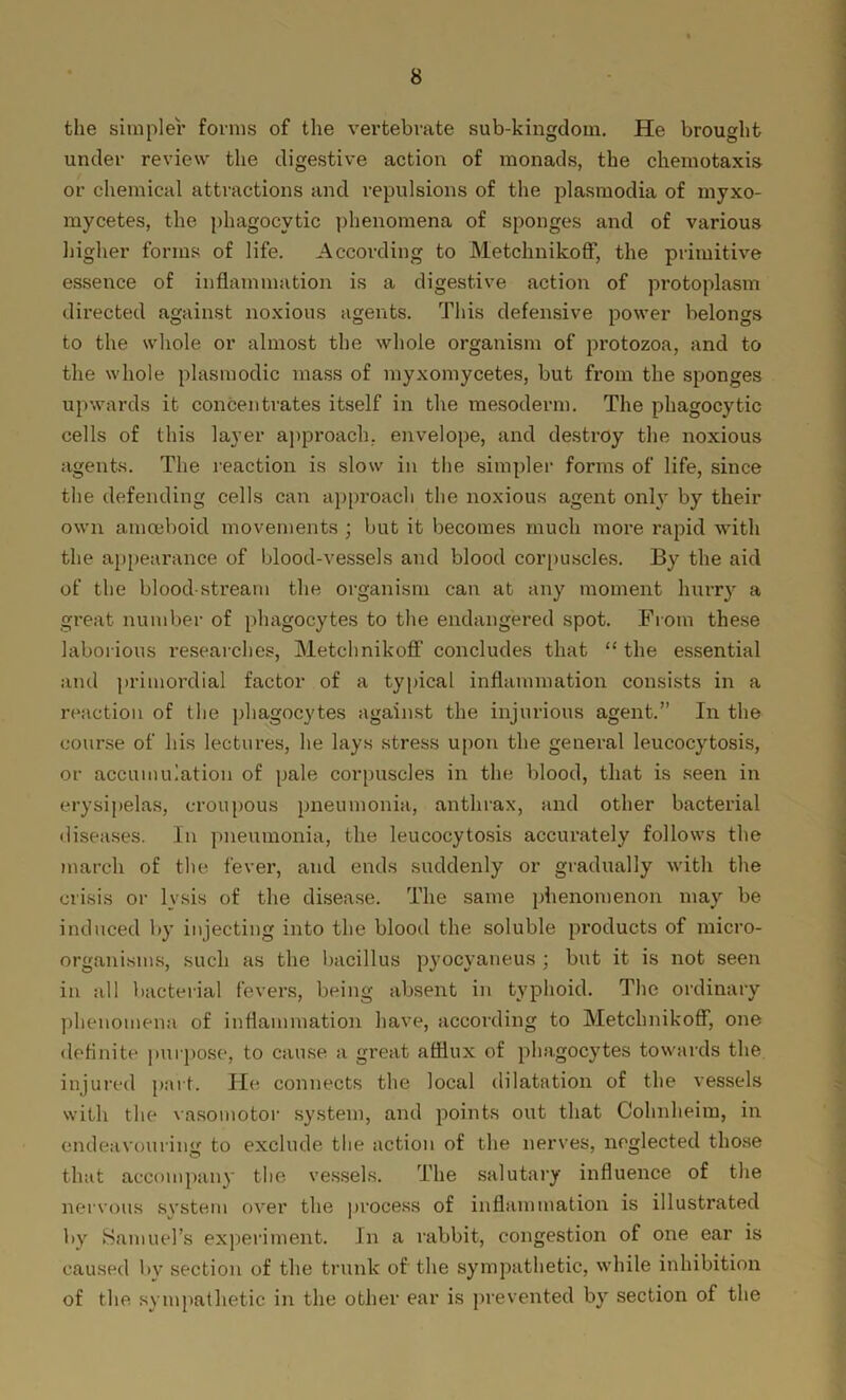 the simpler forms of the vertebrate sub-kingdom. He brought under review the digestive action of monads, the chemotaxis or chemical attractions and repulsions of the plasmodia of myxo- mycetes, the phagocytic phenomena of sponges and of various higher forms of life. According to Metchnikoff, the primitive essence of inflammation is a digestive action of protoplasm directed against noxious agents. This defensive power belongs to the whole or almost the whole organism of protozoa, and to the whole plasmodic mass of myxomycetes, but from the sponges upwards it concentrates itself in the mesoderm. The phagocytic cells of this layer approach, envelope, and destroy the noxious agents. The reaction is slow in the simpler forms of life, since the defending cells can approach the noxious agent only by their own amoeboid movements ; but it becomes much more rapid with the appearance of blood-vessels and blood corpuscles. By the aid of the blood stream the organism can at any moment hurry a great number of phagocytes to the endangered spot. From these laborious researches, Metchnikoff concludes that “the essential and primordial factor of a typical inflammation consists in a reaction of the phagocytes against the injurious agent.” In the course of his lectures, he lays stress upon the general leucocytosis, or accumulation of pale corpuscles in the blood, that is seen in erysipelas, croupous pneumonia, anthrax, and other bacterial diseases. In pneumonia, the leucocytosis accurately follows the march of the fever, and ends suddenly or gradually with the crisis or lysis of the disease. The same phenomenon may be induced by injecting into the blood the soluble px-oducts of micro- organisms, such as the bacillus pyocyaneus ; but it is not seen in all bacterial fevers, being absent in typhoid. The ordinary phenomena of inflammation have, according to Metchnikoff, one definite purpose, to cause a great afflux of phagocytes towards the injured part. He connects the local dilatation of the vessels with the vasomotor system, and points out that Cohnheim, in endeavouring to exclude the action of the nerves, neglected those that accompany the vessels. The salutary influence of the nervous system over the process of inflammation is illustrated by Samuel’s experiment. In a rabbit, congestion of one ear is caused bv section of the trunk of the sympathetic, while inhibition of the sympathetic in the other ear is prevented by section of the
