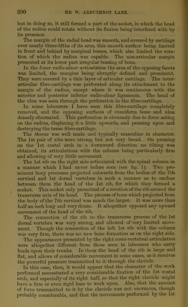 but in doing so, it still formed a part of the socket, in which the head of the radius could rotate without its flexion being interfered with by its presence. The margin of the radial head was smooth, and covered by cartilage over nearly three-fifths of its area, this smooth surface being limited in front and behind by marginal bosses, which also limited the rota- tion of which the radius was capable. The non-articular margin presented at its lower part irregular bossing of bone. In the loiver radio-ulnar articulation the area of the opposing facets was limited, the margins being abruptly defined and prominent. They were covered by a thin layer of articular cartilage. The inter- articular fibro-cartilage was perforated along its attachment to the margin of the radius, except where it was continuous with the anterior and posterior inferior radio-ulnar ligaments. The head of the ulna was seen through the perforation in the fibro-cartilage. In some labourers I have seen this fibro-cartilage completely removed, and the opposing surfaces of cuneiform bone and ulna densely ebumated. This perforation is obviously due to force acting on the radius, displacing it a little upwards, and pressing upon and destroying the tense fibro-cartilage. The thorax was well made and typically masculine in character. The 1st pair of ribs were strong, but not very broad. On pressing on the 1st costal arch in a downward direction no tilting was obtained, its articulations with the column being particularly firm and allowing of very little movement. The 1st rib on the right side articulated with the spinal column in a manner which I had never bcfox*e seen (see fig. 1). Two pro- minent bony processes projected outwards from the bodies of the 7th cervical and 1st dorsal vertebrae in such a manner as to enclose between them the head of the 1st rib, for which they formed a socket. This socket only permitted of a rotation of the rib around the transverse axis of its head. The process of bone which projected from the body of the 7th cervical was much the larger. It was more than half an inch long and very dense. It altogether opposed any upward movement of the head of the rib. The connection of the rib to the transverse process of the 1st dorsal vertebra was very strong, and allowed of very limited move- ment. Though the connection of the left 1st rib with the column was very firm, there was no new bone formation as on the right side. The appearances presented by the right costo-vertebral articulation were altogether different from those seen in labourers who carry loads upon their trunks. In them the head of the rib is large and flat, and allows of considerable movement in some cases, as it receives the powerful pressure transmitted to it through the clavicle. In this case, then, it would appear that the character of the work performed necessitated a very considerable fixation of the 1st costal arch, and especially of its right half, so that the right clavicle might have a firm or even rigid base to work upon. Also, that the amount of force transmitted to it by the clavicle was not enormous, though probably considerable, and that the movements performed by the 1st