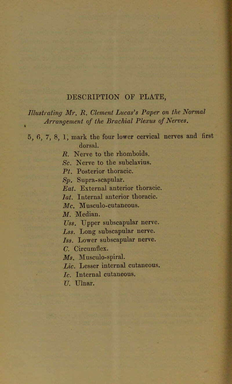 DESCRIPTION OF PLATE, Illustrating Mr. R. Clement Lucas’s Paper on the Normal Arrangement of the Brachial Plexus of Nerves. 5, 6, 7, 8, 1, mark the four lower cervical nerves and first dorsal. R. Nerve to the rhomboids. Sc. Nerve to the subclavius. Pt. Posterior thoracic. Sp. Supra-scapular. Eat. External anterior thoracic. lat. Internal anterior thoracic. Me. Musculo-cutaneous. M. Median. Uss. Upper subscapular nerve. Lss. Long subscapular nerve. Iss. Lower subscapular nerve. C. Circumflex. Ms. Musculo-spiral. Lie. Lesser internal cutaneous. Ic. Internal cutaneous. U. Ulnar.