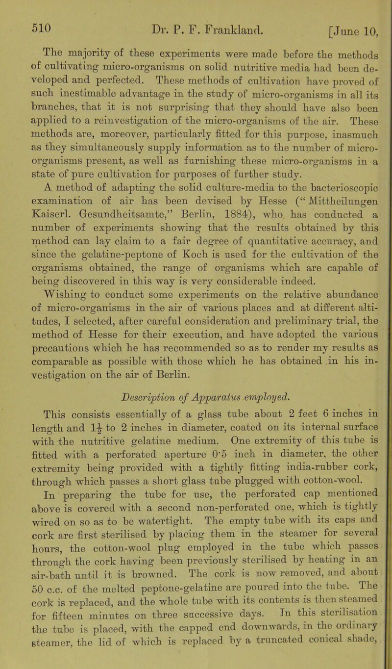 The majority of these experiments were made before the methods of cultivating micro-organisms on solid nutritive media had been de- veloped and perfected. These methods of cultivation have proved of such inestimable advantage in the study of micro-organisms in all its branches, that it is not surprising that they should have also been applied to a reinvestigation of the micro-organisms of the air. These methods are, moreover, particularly fitted for this purpose, inasmuch as they simultaneously supply information as to the number of micro- organisms present, as well as furnishing these micro-organisms in a state of pure cultivation for purposes of further study. A method of adapting the solid culture-media to the bacterioscopic examination of air has been devised by Hesse (“ Mittheilungen Kaiserl. Gesundheitsamte,” Berlin, 1884), who has conducted a number of experiments showing that the results obtained by this method can lay claim to a fair degree of quantitative accuracy, and since the gelatine-peptone of Koch is used for the cultivation of the organisms obtained, the range of organisms which are capable of being discovered in this way is very considerable indeed. Wishing to conduct some experiments on the relative abundance of micro-organisms in the air of various places and at different alti- tudes, I selected, after careful consideration and preliminary trial, the method of Hesse for their execution, and have adopted the various precautions which he has recommended so as to render my results as comparable as possible with those which he has obtained in his in- vestigation on the air of Berlin. Description of Apparatus employed. This consists essentially of a glass tube about 2 feet 6 inches in length and 1-| to 2 inches in diameter, coated on its internal surface with the nutritive gelatine medium. One extremity of this tube is fitted with a perforated aperture 05 inch in diameter, the other extremity being provided with a tightly fitting india-rubber cork, through which passes a short glass tube plugged with cotton-wool. In preparing the tube for use, the perforated cap mentioned above is covered with a second non-perforated one, which is tightly wired on so as to be watertight. The empty tube with its caps and cork are first sterilised by placing them in the steamer for several hours, the cotton-wool ping employed in the tube which passes through the cork having been previously sterilised by heating in an air-bath until it is browned. The cork is now removed, and about 50 c.c. of the melted peptone-gelatine are poured into the tube. The cork is replaced, and the whole tube with its contents is then steamed for fifteen minutes on three snccessive days. In this sterilisation the tube is placed, with the capped end downwards, in the ordinary steamer, the lid of which is replaced by a truncated conical shade,