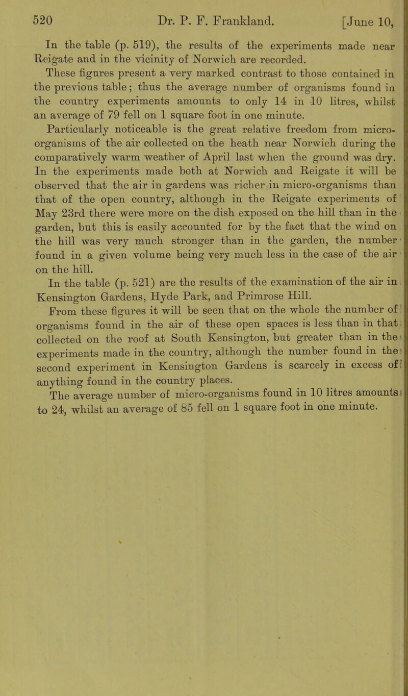 In tlie table (p. 519), the results of the experiments made near Reigate and in the vicinity of Norwich are recorded. These figures present a very marked contrast to those contained in the previous table; thus the average number of organisms found in the country experiments amounts to only 14 in 10 litres, whilst an average of 79 fell on 1 square foot in one minute. Particularly noticeable is the great relative freedom from micro- organisms of the air collected on the heath near Norwich during the comparatively warm weather of April last when the ground was dry. In the experiments made both at Norwich and Reigate it will be observed that the air in gardens was richer in micro-organisms than that of the open country, although in the Reigate experiments of May 23rd there were more on the dish exposed on the hill than in the garden, but this is easily accounted for by the fact that the wind on the hill was very much stronger than in the garden, the number ■ found in a given volume being very much less in the case of the air on the hill. In the table (p. 521) are the results of the examination of the air in Kensington Gardens, Hyde Park, and Primrose Hill. From these figures it will be seen that on the whole the number of organisms found in the air of these open spaces is less than in that collected on the roof at South Kensington, but greater than in the' experiments made in the country, although the number found in the second experiment in Kensington Gardens is scarcely in excess of: anything found in the country places. The average number of micro-organisms found in 10 litres amounts; to 24, whilst an average of 85 fell on 1 square foot in one minute.