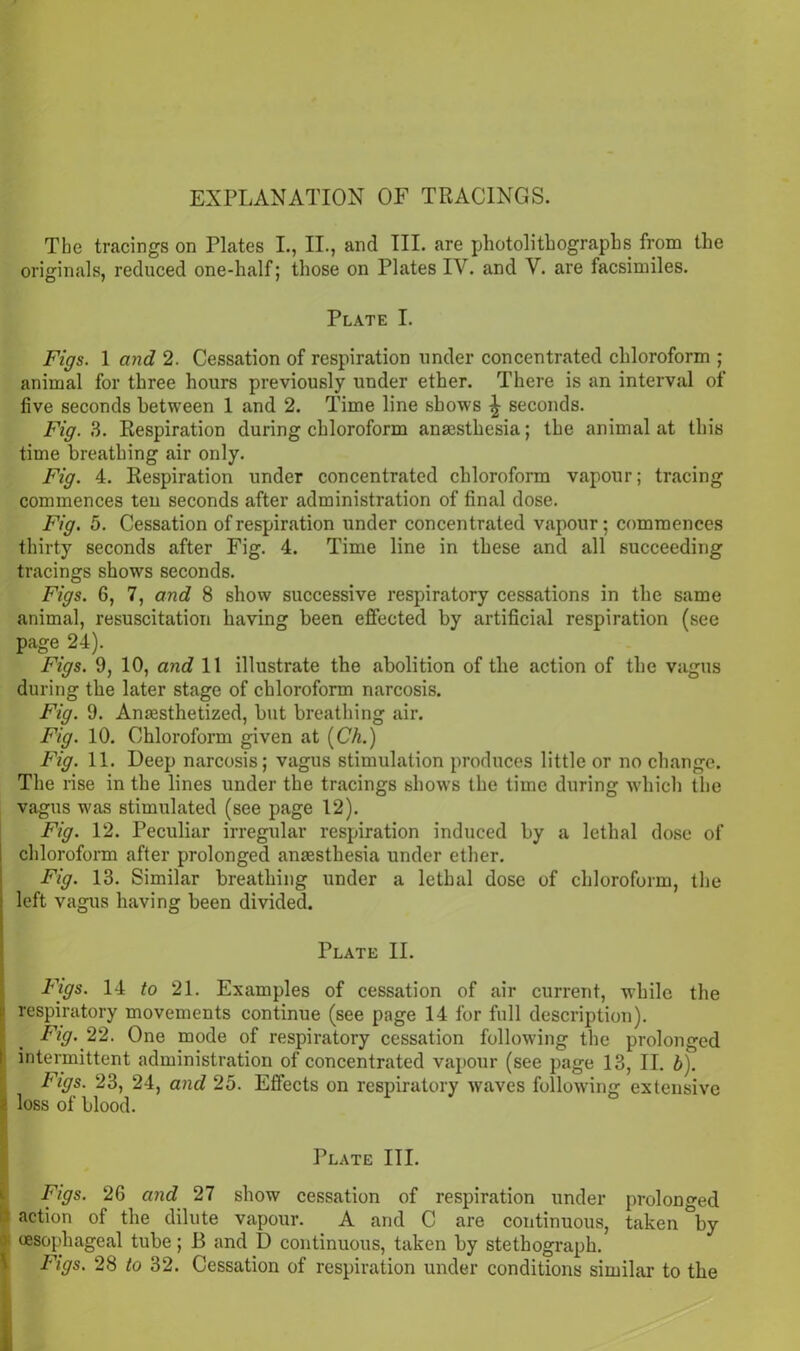 EXPLANATION OF TRACINGS. The tracings on Plates I., II., and III. are photolithography from the originals, reduced one-half; those on Plates IV. and V. are facsimiles. Plate I. Figs. 1 and 2. Cessation of respiration under concentrated chloroform ; animal for three hours previously under ether. There is an interval of five seconds between 1 and 2. Time line shows \ seconds. Fig. 3. Respiration during chloroform anaesthesia; the animal at this time breathing air only. Fig. 4. Respiration under concentrated chloroform vapour; tracing commences teu seconds after administration of final dose. Fig. 5. Cessation of respiration under concentrated vapour; commences thirty seconds after Fig. 4. Time line in these and all succeeding tracings shows seconds. Figs. 6, 7, and 8 show successive respiratory cessations in the same animal, resuscitation having been effected by artificial respiration (see page 24). Figs. 9, 10, and 11 illustrate the abolition of the action of the vagus during the later stage of chloroform narcosis. Fig. 9. Anaesthetized, but breathing air. Fig. 10. Chloroform given at (Ch.) Fig. 11. Deep narcosis; vagus stimulation produces little or no change. The rise in the lines under the tracings shows the time during which the vagus was stimulated (see page 12). Fig. 12. Peculiar irregular respiration induced by a lethal dose of chloroform after prolonged anaesthesia under ether. Fig. 13. Similar breathing under a lethal dose of chloroform, the left vagus having been divided. Plate II. Figs. 14 to 21. Examples of cessation of air current, while the respiratory movements continue (see page 14 for full description). Fig. 22. One mode of respiratory cessation following the prolonged intermittent administration of concentrated vapour (see page 13, II. b). Figs. 23, 24, and 25. Effects on respiratory waves following extensive loss of blood. Plate III. Figs. 26 and 27 show cessation of respiration under prolonged action of the dilute vapour. A and C are continuous, taken °by oesophageal tube; B and D continuous, taken by stethograph. Figs. 28 to 32. Cessation of respiration under conditions similar to the