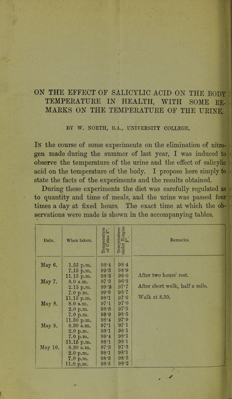 ON THE EFFECT OF SALICYLIC ACID ON THE BODY TEMPERATURE IN HEALTH, WITH SOME RE- MARKS ON THE TEMPERATURE OF THE URINE. BY W. NORTH, B.A., UNIVERSITY COLLEGE. In the course of some experiments on the elimination of nitro- gen made during the summer of last year, I was induced to observe the temperature of the urine and the effect of salicylic acid on the temperature of the body. I propose here simply to state the facts of the experiments and the results obtained. During these experiments the diet was carefully regulated as to quantity and time of meals, and the urine was passed four times a day at fixed hours. The exact time at which the ob- servations were made is shown in the accompanying tables. Date. When taken. Temperature of Urine F°. Temperature under Tongue F”. Remarks. May 6. 1.55 p.m. 98-4 98-4 7.15 p.m. 99-3 98-9 11.15 p.m. 98-3 98-0 After two hours’ rest. May 7. 8.0 a.m. 97'3 96-3 2.15 p.m. 99'2 97-7 After short walk, half a mile. 7.0 p.m. 99-6 98-7 11.15 p.m. 98'1 97-6 Walk at 8.30. May 8. 8.0 a.m. 97-1 97-0 2.0 p.m. 98-6 97‘5 7.0 p.m. 98-9 98-5 11.30 p.m. 98-4 97-9 May 9. 8.30 a.m. 97*1 97-1 2.0 p.m. 98-1 981 7.0 p.m. 98-4 98-1 11.15 p.m. 98-1 98-1 May 10. 8.30 a.m. 97-3 97-3 2.0 p.m. 98-1 98-1 7.0 p.m. 98-3 98 3 11.0 p.m. 98-5 98'2 1