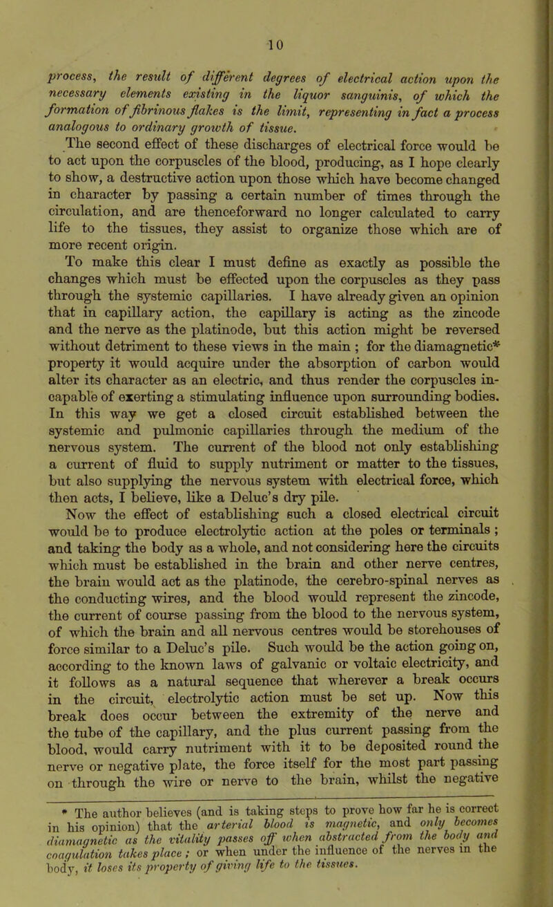 process, the result of different degrees of electrical action upon the necessary elements existing in the liquor sanguinis, of which the formation of fibrinous flakes is the limit, representing in fact a process analogous to ordinary groivth of tissue. The second effect of these discharges of electrical force would he to act upon the corpuscles of the blood, producing, as I hope clearly to show, a destructive action upon those which have become changed in character by passing a certain number of times through the circulation, and are thenceforward no longer calculated to carry life to the tissues, they assist to organize those which are of more recent origin. To make this clear I must define as exactly as possible the changes which must be effected upon the corpuscles as they pass through the systemic capillaries. I have already given an opinion that in capillary action, the capillary is acting as the zincode and the nerve as the platinode, but this action might be reversed without detriment to these views in the main ; for the diamagnetic* property it would acquire under the absorption of carbon would alter its character as an electric, and thus render the corpuscles in- capable of exerting a stimulating influence upon surrounding bodies. In this way we get a closed circuit established between the systemic and pulmonic capillaries through the medium of the nervous system. The current of the blood not only establishing a current of fluid to supply nutriment or matter to the tissues, but also supplying the nervous system with electrical force, which then acts, I believe, like a Deluc’s dry pile. Now the effect of establishing such a closed electrical circuit would be to produce electrolytic action at the poles or terminals ; and taking the body as a whole, and not considering here the circuits which must be established in the brain and other nerve centres, the brain would act as the platinode, the cerebro-spinal nerves as the conducting wires, and the blood would represent the zincode, the current of course passing from the blood to the nervous system, of which the brain and all nervous centres would be storehouses of force similar to a Deluc’s pile. Such would be the action going on, according to the known laws of galvanic or voltaic electricity, and it follows as a natural sequence that wherever a break occurs in the circuit, electrolytic action must be set up. Now this break does occur between the extremity of the nerve and the tube of the capillary, and the plus current passing from the blood, would carry nutriment with it to be deposited round the nerve or negative plate, the force itself for the most part passing on through the wire or nerve to the brain, whilst the negative * The author believes (and is taking steps to prove how far he is correct in his opinion) that the arterial blood is magnetic, and only becomes diamagnetic as the vitality passes off when abstracted from the body and coagulation takes place; or when under the influence of the nerves in the body, it loses its property of giving life to the tissues.