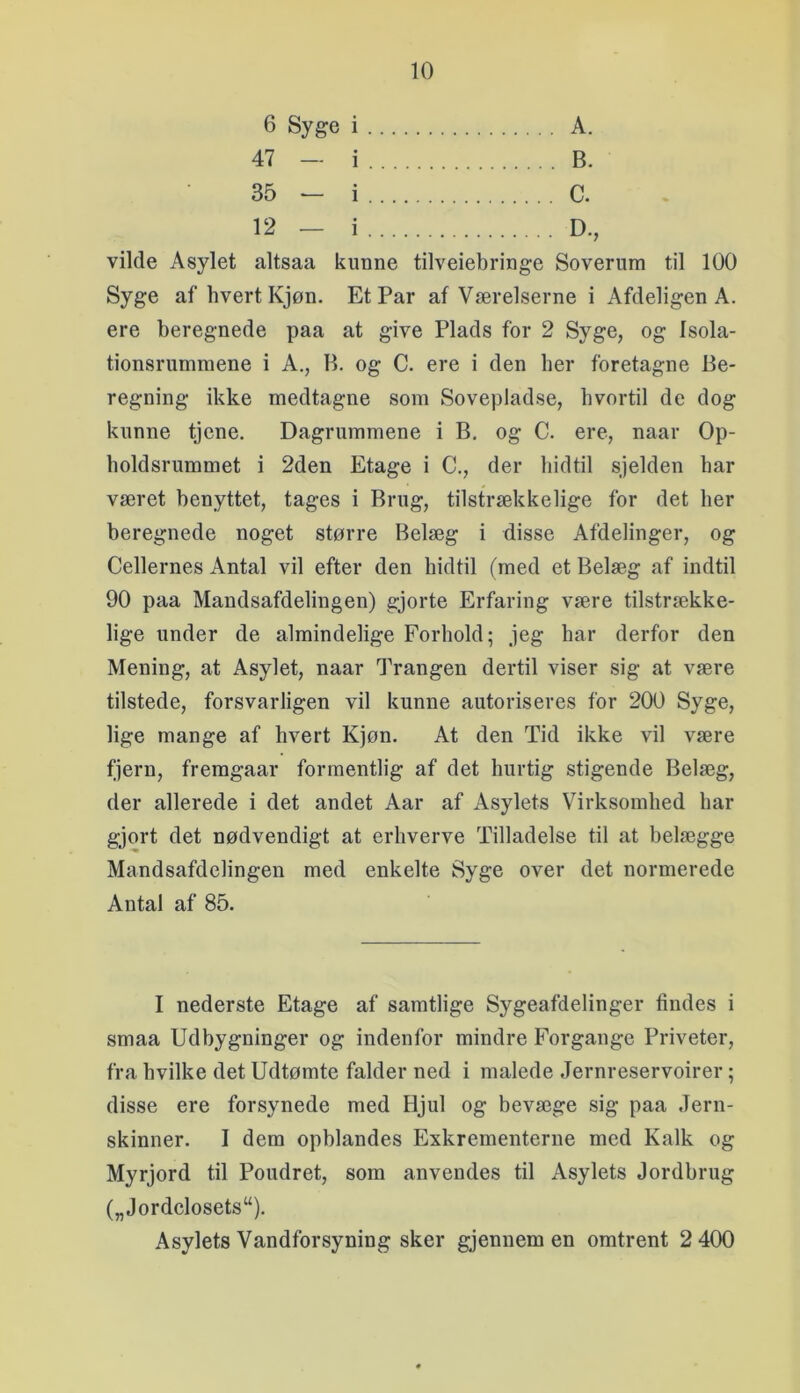 6 Syge i A. 47 — i B. 35 — i C. 12 — i D., vikle Asylet altsaa kunne tilveiebringe Soverum til 100 Syge af hvert Kjøn. Et Par af Værelserne i Afdeligen A. ere beregnede paa at give Plads for 2 Syge, og Isola- tionsrummene i A., B. og C. ere i den her foretagne Be- regning ikke medtagne som Sovepladse, hvortil de dog kunne tjene. Dagrummene i B, og C. ere, naar Op- holdsrummet i 2den Etage i C., der hidtil sjelden har været benyttet, tages i Brug, tilstrækkelige for det her beregnede noget større Belæg i disse Afdelinger, og Cellernes Antal vil efter den hidtil (med et Belæg af indtil 90 paa Mandsafdelingen) gjorte Erfaring være tilstrække- lige under de almindelige Forhold; jeg har derfor den Mening, at Asylet, naar Trangen dertil viser sig at være tilstede, forsvarligen vil kunne autoriseres for 200 Syge, lige mange af hvert Kjøn. At den Tid ikke vil være fjern, fremgaar formentlig af det hurtig stigende Belæg, der allerede i det andet Aar af Asylets Virksomhed har gjort det nødvendigt at erhverve Tilladelse til at belægge Mandsafdelingen med enkelte Syge over det normerede Antal af 85. I nederste Etage af samtlige Sygeafdelinger tindes i smaa Udbygninger og indenfor mindre Forgange Priveter, fra hvilke det Udtømte falder ned i malede Jernreservoirer; disse ere forsynede med Hjul og bevæge sig paa Jern- skinner. I dem ophlandes Exkrementerne med Kalk og Myrjord til Poudret, som anvendes til Asylets Jordbrug („Jordclosets“). Asylets Vandforsyning sker gjennem en omtrent 2 400