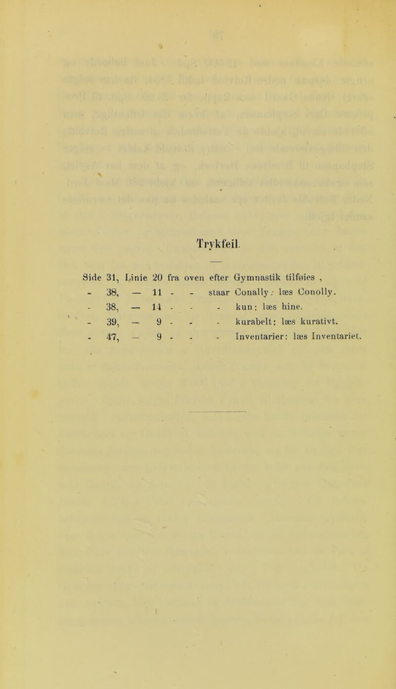Trvkfeil. Side 31, Linie 20 fra oven efter Gymnastik tilføies , 38, — 11 - - staar Conally .■ læs Conolly. 38, — l-l - - - kun: læs hine. - 39, — 9 - - - kurabelt; læs kurativt. 47, — 9 - - - Inventarier: læs Inventariet.