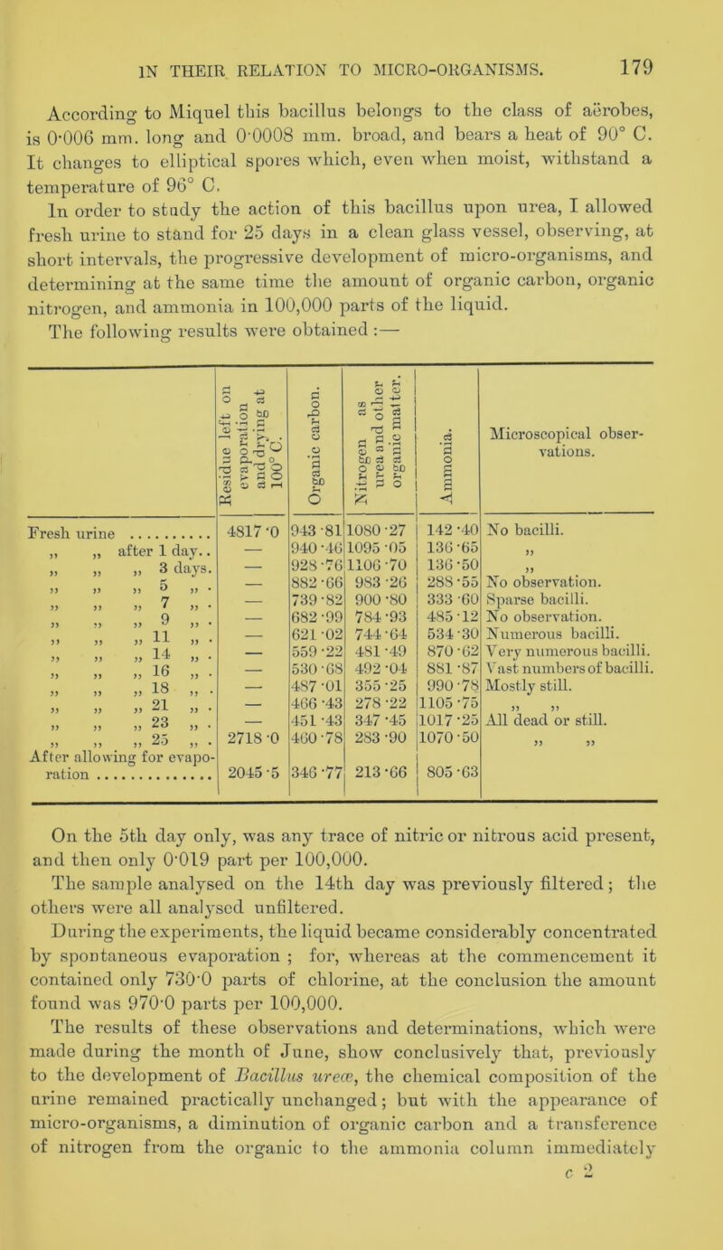 According to Miquel this bacillus belongs to the class of aerobes, is 0-006 mm. long and O'OOOS mm. broad, and bears a heat of 90° C. It changes to elliptical spores which, even when moist, withstand a temperature of 96° C. In order to study the action of this bacillus upon urea, I allowed fresh urine to stand for 25 days in a clean glass vessel, observing, at short intervals, the progressive development of micro-organisms, and determining at the same time the amount of organic carbon, organic nitrogen, and ammonia in 100,000 parts of the liquid. The following results were obtained ;— Residue left on evaporation and drying at 100° C. Organic carbon. Nitrogen as urea and other organic mat ter. Ammonia. 1 Microscopical obser- vations. Fresh urine 4817 -0 043-81 1080-27 142 -40 No bacilli. after 1 day.. — 940-4G 1095-05 136-65 )) ,, 3 days. — 928-76 1106-70 136-50 — 882-66 983 -26 288-55 No observation. „ 7 . — 739-82 900 -80 333 -60 Sparse bacilli. 9 „ • — 682 -99 784 -93 485-12 No observation. » 11 ,, • — 621-02 744-64 534-30 Numerous bacilli. ,, 14 „ . — 559 -22 481 -49 870-62 Very numerous bacilli. ), 16 I) • — 530-68 492 -04 881 -87 Vast numbers of bacilli. ,, 18 „ . — 487-01 355 -25 990-78 Mostly still. 21 „ . — 466 -43 278 -22 1105 -75 >5 )» „ 23 „ . — 451 -43 347-45 1017-25 All dead or still. After allow „ 2.5 „ . mg for evapo- 2718 -0 460-78 283 -90 1070-50 ration .. 2045-5 346 -77 213-66 805-63 On the 5th day only, was any trace of nitric or nitrous acid present, and then only 0'019 part per 100,000. The sample analysed on the 14th day was previously filtered; the others were all analysed unfiltered. During the experiments, the liquid became considerably concentrated by spontaneous evaporation ; for, whereas at the commencement it contained only 730'0 parts of chlorine, at the conclusion the amount found was 970’0 parts per 100,000. The results of these observations and determinations, which were made during the month of June, show conclusively that, previously to the development of Bacillus urece, the chemical composition of the urine remained practically unchanged; but with the appearance of micro-organisms, a diminution of organic carbon and a transference of nitrogen from the organic to the ammonia column immediately