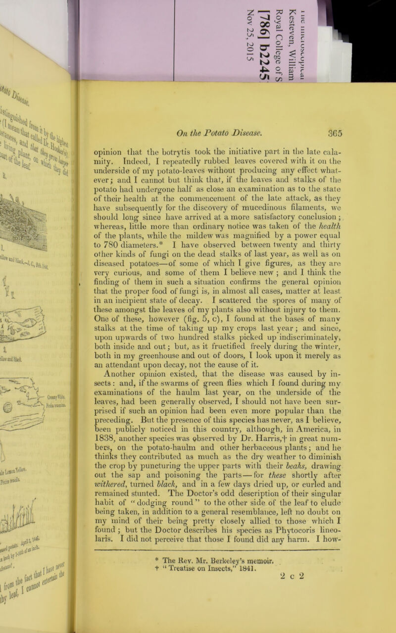 o --J O fD < oe s « 55 o I g - a -3 K W K> <T> 4-^ o c c/ c c “t: y. p r 3 3 - On the Potato Disease. 365 opinion that the botrytis took the initiative part in the late cala- mity. Indeed, I repeatedly rubbed leaves covered with it on the underside of my potato-leaves without producing any effect what- and I cannot but think that, if the leaves and stalks of the potato had undergone half as close an examination as to the state of their health at the commencement of the late attack, as they have subsequently for the discovery of mucedinous filaments, we should long since have arrived at a more satisfactory conclusion ; whereas, little more than ordinary notice was taken of the health of the plants, while the mildew was magnified by a power equal to 780 diameters.* I have observed between twenty and thirty other kinds of fungi on the dead stalks of last year, as well as on diseased potatoes—of some of which I give figures, as they are very curious, and some of them I believe new ; and I think the finding of them in such a situation confirms the general opinion that the proper food of fungi is, in almost all cases, matter at least in an incipient state of decay. I scattered the spores of many of these amongst the leaves of my plants also without injury to them. One of these, however (fig. 5, c), I found at the bases of many stalks at the time of taking up my crops last year; and since, upon upwards of two hundred stalks picked up indiscriminately, both inside and out; but, as it fructified freely during the winter, both in my greenhouse and out of doors, I look upon it merely as an attendant upon decay, not the cause of it. Another opinion existed, that the disease was caused by in- sects : and, if the swarms of green flies which I found during my examinations of the haulm last year, on the underside of the leaves, had been generally observed, I should not have been sur- prised if such an opinion had been even more popular than the preceding. But the presence of this species has never, as I believe, been publicly noticed in this country, although, in America, in 1838, another species was observed by Dr. Harris,'f in great num- bers, on the potato-haulm and other herbaceous plants; and he thinks they contributed as much as the dry weather to diminish the crop by puncturing the upper parts with their beaks, drawing out the sap and poisoning the parts—for these shortly after withered, turned black, and in a few days dried up, or curled and remained stunted. The Doctor’s odd description of their singular habit of “ dodging round ” to the other side of the leaf to elude being taken, in addition to a general resemblance, left no doubt on my mind of their being pretty closely allied to those which I found ; but the Doctor describes his species as Phytocoris lineo- laris. I did not perceive that those I found did any harm. I how- * The Rev. Mr. Berkeley’s memoir, t “ Treatise on Insects,” 1841.