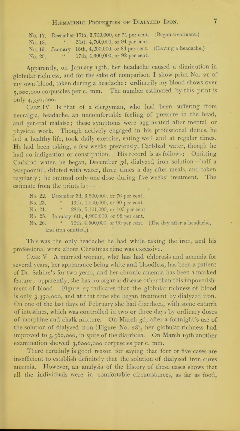 No. 17. December 17th, 3,700,000, or 74 per cent. (Began treatment.) No. 18. “ 31st, 4,700,000, or 94 per ctnt. No. 19. January 15th, 4,200,000, or 84 per cent. (Having a headache.) No. 20. “ 17th, 4,600,000, or 92 per cent. Apparently, on January 15th, her headache caused a diminution in globular richness, and for the sake of comparison I show print No. 21 of my own blood, taken during a headache: ordinarily my blood shows over 5,000,000 corpuscles per c. mm. The number estimated by this print is only 4,350,000. Case IV Is that of a clergyman, who had been suffering from neuralgia, headache, an uncomfortable feeling of pressure in the head, and general malaise; these symptoms were aggravated after mental or physical work. Though actively engaged in his professional duties, he led a healthy life, took daily exercise, eating well and at regular times. He had been taking, a few weeks previously, Carlsbad water, though he had no indigestion or constipation. Plis record is as follows: Omitting Carlsbad water, he began, December 3d, dialyzed iron solution—half a teaspoonful, diluted with water, three times a day after meals, and taken regularly; he omitted only one dose during five weeks’ treatment. The estimate from the prints is: — No. 22. December 3d, 3,800,000, or 76 per cent. No. 23. “ 13th, 4,500,000, or 90 per cent. No. 24. “ 28th, 5,191,000, or 103 per cent. No. 25. January 6th, 4,900,000, or 98 per cent. No. 26. “ 16th, 4,500,000, or 90 per cent. (The day after a headache, and iron omitted.) This was the only headache he had while taking the iron, and his professional work about Christmas time was excessive. Case V A married woman, who' has had chlorosis and anaemia for several years, her appearance being white and bloodless, has been a patient of Dr. Sabine’s for two years, and her chronic anaemia has been a marked feature ; apparently, she has no organic disease other than this impoverish- ment of blood. Figure 27 indicates that the globular richness of blood is only 3,350,000, and at that time she began treatment by dialyzed iron. On one of the last days of February she had diarrhoea, with some catarrh of intestines, which was controlled in two or three days by ordinary doses of morphine and chalk mixture. On March 3d, after a fortnight’s use of the solution of dialyzed iron (Figure No. 28), her globular richness had improved to 3,560,000, in spite of the diarrhoea. On March 19th another examination showed 3,6000,000 corpuscles per c. mm. There certainly is good reason for saying that four or five cases are insufficient to establish definitely that the solution of dialyzed iron cures anaemia. However, an analysis of the history of these cases shows that all the individuals were in comfortable circumstances, as far as food,