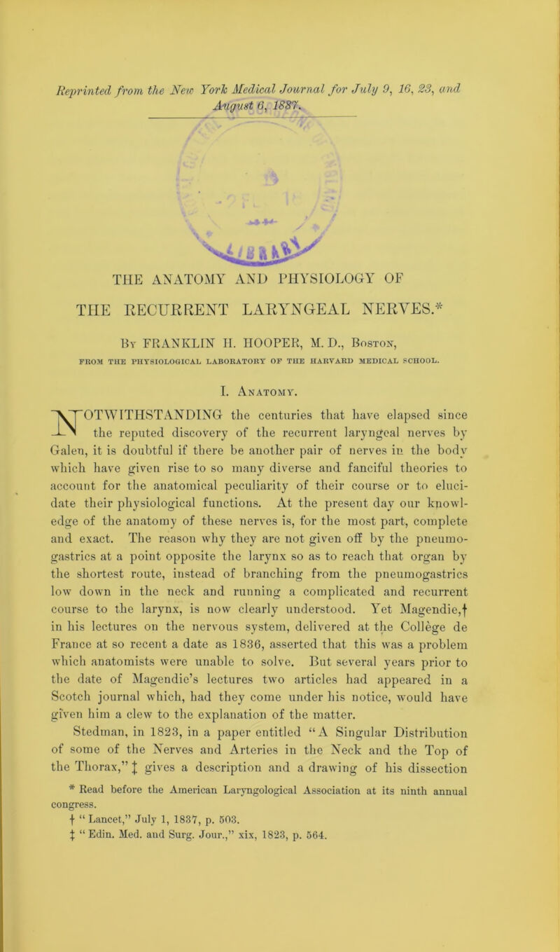 Reprinted from the New YorJc Medical Journal for July 9, 16, 23, and August 6, 1887. THE ANATOMY AND PHYSIOLOGY OF TIIE RECURRENT LARYNGEAL NERVES.* By FRANKLIN H. HOOPER, M. D., Boston, PROM THE PHYSIOLOGICAL LABORATORY OP THE HARVARD MEDICAL SCHOOL. I. Anatomy. ^TOTWITHSTANDING the centuries that have elapsed since -UN the reputed discovery of the recurrent laryngeal nerves by Galen, it is doubtful if there be another pair of nerves in the body which have given rise to so many diverse and fanciful theories to account for the anatomical peculiarity of their course or to eluci- date their physiological functions. At the present day our knowl- edge of the anatomy of these nerves is, for the most part, complete and exact. The reason why they are not given off by the pneumo- gastrics at a point opposite the larynx so as to reach that organ by the shortest route, instead of branching from the pneumogastrics low down in the neck and running a complicated and recurrent course to the larynx, is now clearly understood. Yet Magendie,f in his lectures on the nervous system, delivered at the College de France at so recent a date as 1836, asserted that this was a problem which anatomists were unable to solve. But several years prior to the date of Magendie’s lectures two articles had appeared in a Scotch journal which, had they come under his notice, would have given him a clew to the explanation of the matter. Stedman, in 1823, in a paper entitled “A Singular Distribution of some of the Nerves and Arteries in the Neck and the Top of the Thorax,” J gives a description and a drawing of his dissection * Read before the American Laryngological Association at its ninth annual congress. f “ Lancet,” July 1, 1837, p. 503. \ “ Edin. Med. and Surg. Jour.,” six, 1823, p. 564.