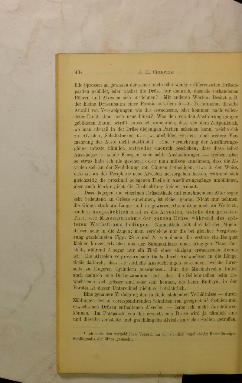 lide Sprossen an gewissen der schon mehr oder weniger differenzirten Drüsen- partien gebildet, oder wächst die Drüse nur dadurch, dass die vorhandenen Röhren und Alveolen sich ausdehnen? Mit anderen Worten: Besitzt z. B. der kleine Drüsenbaum einer Parotis aus dem 5.—6. Foetalmonat dieselbe Anzahl von Verzweigungen wie die erwachsene, oder kommen nach vollen- deter Canalisation noch neue hinzu? Was den von den Ausführungsgängen gebildeten Baum betrifft, muss ich annehmen, dass von dem Zeitpunkt ab, wo man überall in der Drüse diejenigen Partien scheiden kann, welche sich zu Alveolen, Schaltstücken u. s. w. ausbilden werden, eine weitere Ver- mehrung der Aeste nicht stattfindet. Eine Vermehrung der Ausführungs- gänge müsste nämlich entweder dadurch geschehen, dass diese selbst Auswüchse — solide Knospen oder hohle Ausbuchtungen — treiben, aber so etwas habe ich nie gesehen; oder man müsste annehmen, dass die Al- veolen sich an der Neubildung von Gängen betheiligen, etwa in der Weise, dass sie an der Peripherie neue Alveolen hervorgehen Hessen, während sich gleichzeitig die proximal gelegenen Theile in Ausführungsgänge umbildeten, aber auch hierfür giebt die Beobachtung keinen Anhalt. Dass dagegen die einzelnen Drüsentheile mit zunehmendem Alter sogar sehr bedeutend an Grösse zunehmen, ist sicher genug. Nicht nur nehmen die Gänge stark an Länge und in gewissen Abschnitten auch an Weite zu, sondern hauptsächlich sind es die Alveolen, welche den grössten Theil der Massenzunahme der ganzen Drüse während des spä- teren Wachsthums bedingen. Namentlich fällt dies bei den Mucin- drüsen sehr in die Augen; man vergleiche nur die bei gleicher Vergrösse- rung gezeichneten Figg. 28 a und b, von denen die erstere ein Bouquet kleiner kurzer Alveolen aus der Submaxillaris einer 5 tägigen Maus dar- stellt, während b sogar nur ein Theil eines einzigen erwachsenen Acinus ist. Die Alveolen vergrössern sich theils durch Auswachsen in die Länge, theils dadurch, dass sie seitliche Ausbuchtungen aussenden, welche ihrer- seits zu längeren Cylindern auswachsen. Für die Mucinalveolen findet auch dadurch eine Dickenzunahme statt, dass die Schleimzellen beim Er- wachsenen viel grösser sind oder sein können, als beim Embryo; in der Parotis ist dieser Unterschied nicht so beträchtlich. Eine genauere Verfolgung der in Rede stehenden Verhältnisse — durch Zählungen der in correspondirenden Schnitten von geeigneten1 foetalen und erwachsenen Drüsen enthaltenen Alveolen — habe ich nicht durchführen können. Im Praeparate von der erwachsenen Drüse wird ja nämlich eine und dieselbe verästelte und geschlängelte Alveole au vielen Stellen getroffen, 1 Ich habe den vergeblichen Versuch an der ziemlich regelmässig linsenförmigen Sublingualis der Maus gemacht.