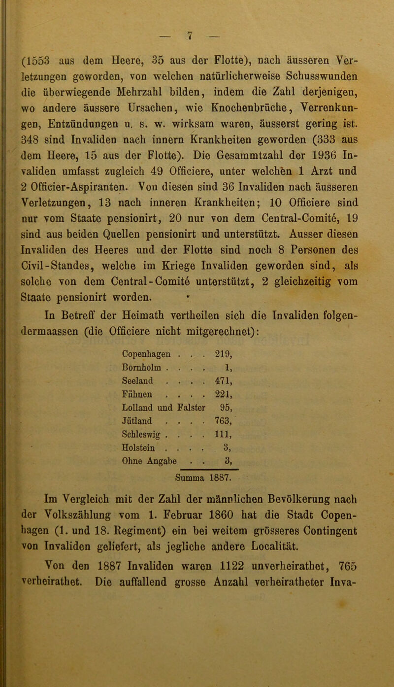 (1553 aus dem Heere, 35 aus der Flotte), nach äusseren Ver- letzungen geworden, von welchen natürlicherweise Schusswunden die überwiegende Mehrzahl bilden, indem die Zahl derjenigen, wo andere äussere Ursachen, wie Knochenbrüche, Verrenkun- gen, Entzündungen u. s. w. wirksam waren, äusserst gering ist. 348 sind Invaliden nach innern Krankheiten geworden (333 aus dem Heere, 15 aus der Flotte). Die Gesammtzahl der 1936 In- validen umfasst zugleich 49 Officiere, unter welchen 1 Arzt und 2 Officier-Aspiranten. Von diesen sind 36 Invaliden nach äusseren Verletzungen, 13 nach inneren Krankheiten; 10 Officiere sind nur vom Staate pensionirt, 20 nur von dem Central-Comite, 19 sind aus beiden Quellen pensionirt und unterstützt. Ausser diesen Invaliden des Heeres und der Flotte sind noch 8 Personen des Civil-Standes, welche im Kriege Invaliden geworden sind, als solche von dem Central-Comite unterstützt, 2 gleichzeitig vom Staate pensionirt worden. In Betreff der Heimath vertheilen sich die Invaliden folgen- dermaassen (die Officiere nicht mitgerechnet): Copenhagen . . . 219, Bomholm .... 1, Seeland . . . . 471, Fühnen .... 221, Lolland und Falster 95, Jütland .... 763, Schleswig . . . . 111, Holstein .... 3, Ohne Angabe . . 3, Summa 1887. Im Vergleich mit der Zahl der männlichen Bevölkerung nach der Volkszählung vom 1. Februar 1860 hat die Stadt Copen- hagen (1. und 18. Regiment) ein bei weitem grösseres Contingent von Invaliden geliefert, als jegliche andere Localität. Von den 1887 Invaliden waren 1122 unverheirathet, 765 verheirathet. Die auffallend grosse Anzahl verheiratheter Inva-
