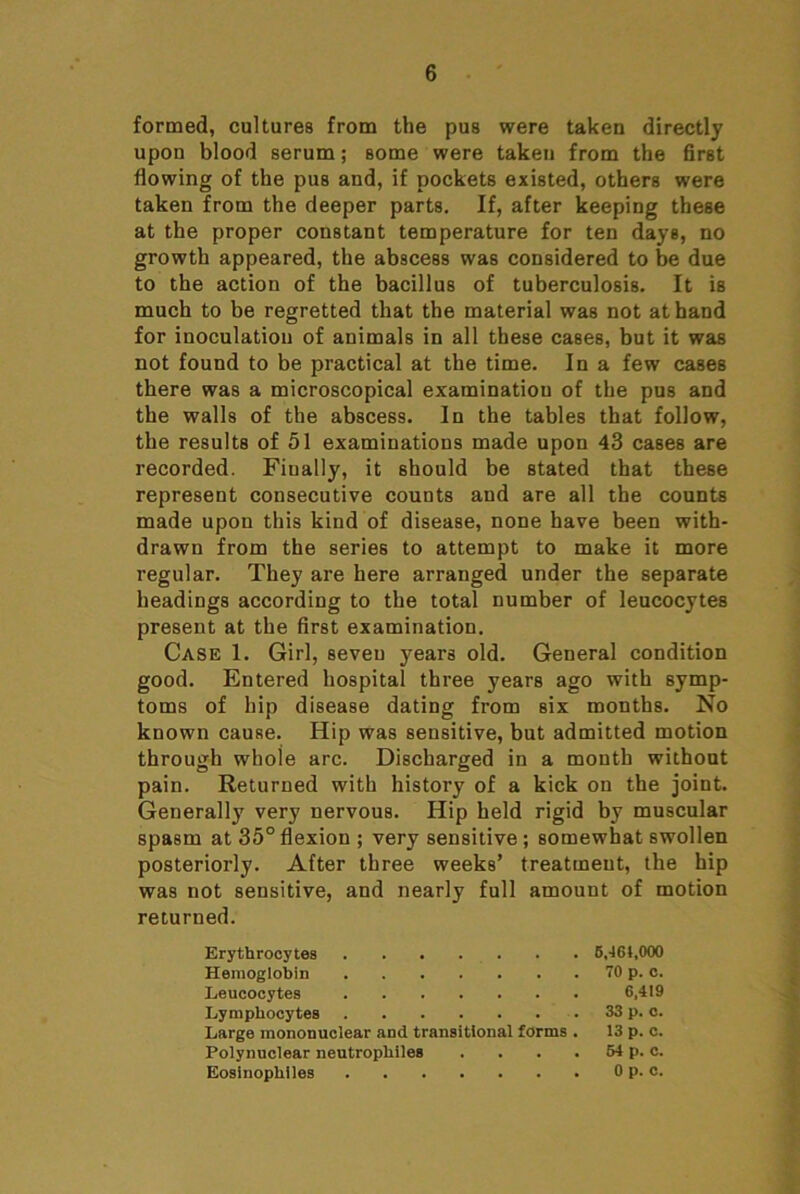 formed, cultures from the pus were taken directly upon blood serum; some were taken from the first flowing of the pus and, if pockets existed, others were taken from the deeper parts. If, after keeping these at the proper constant temperature for ten days, no growth appeared, the abscess was considered to be due to the action of the bacillus of tuberculosis. It is much to be regretted that the material was not at hand for inoculatiou of animals in all these cases, but it was not found to be practical at the time. In a few cases there was a microscopical examination of the pus and the walls of the abscess. In the tables that follow, the results of 51 examinations made upon 43 cases are recorded. Finally, it should be stated that these represent consecutive counts and are all the counts made upon this kind of disease, none have been with- drawn from the series to attempt to make it more regular. They are here arranged under the separate headings according to the total number of leucocytes present at the first examination. Case 1. Girl, seven years old. General condition good. Entered hospital three years ago with symp- toms of hip disease dating from six months. No known cause. Hip was sensitive, but admitted motion through whole arc. Discharged in a month without pain. Returned with history of a kick on the joint. Generally very nervous. Hip held rigid by muscular spasm at 35° flexion ; very sensitive; somewhat swollen posteriorly. After three weeks’ treatment, the hip was not sensitive, and nearly full amount of motion returned. Erythrocytes . 6.-161.000 Hemoglobin . . 70 p. c. Leucocytes 6.419 Lymphocytes . . 33 p. 0. Large mononuclear and transitional forms . 13 p. c. Polynuclear neutrophiles . . 64 p. c. Eosinophiles . . 0 p. C.