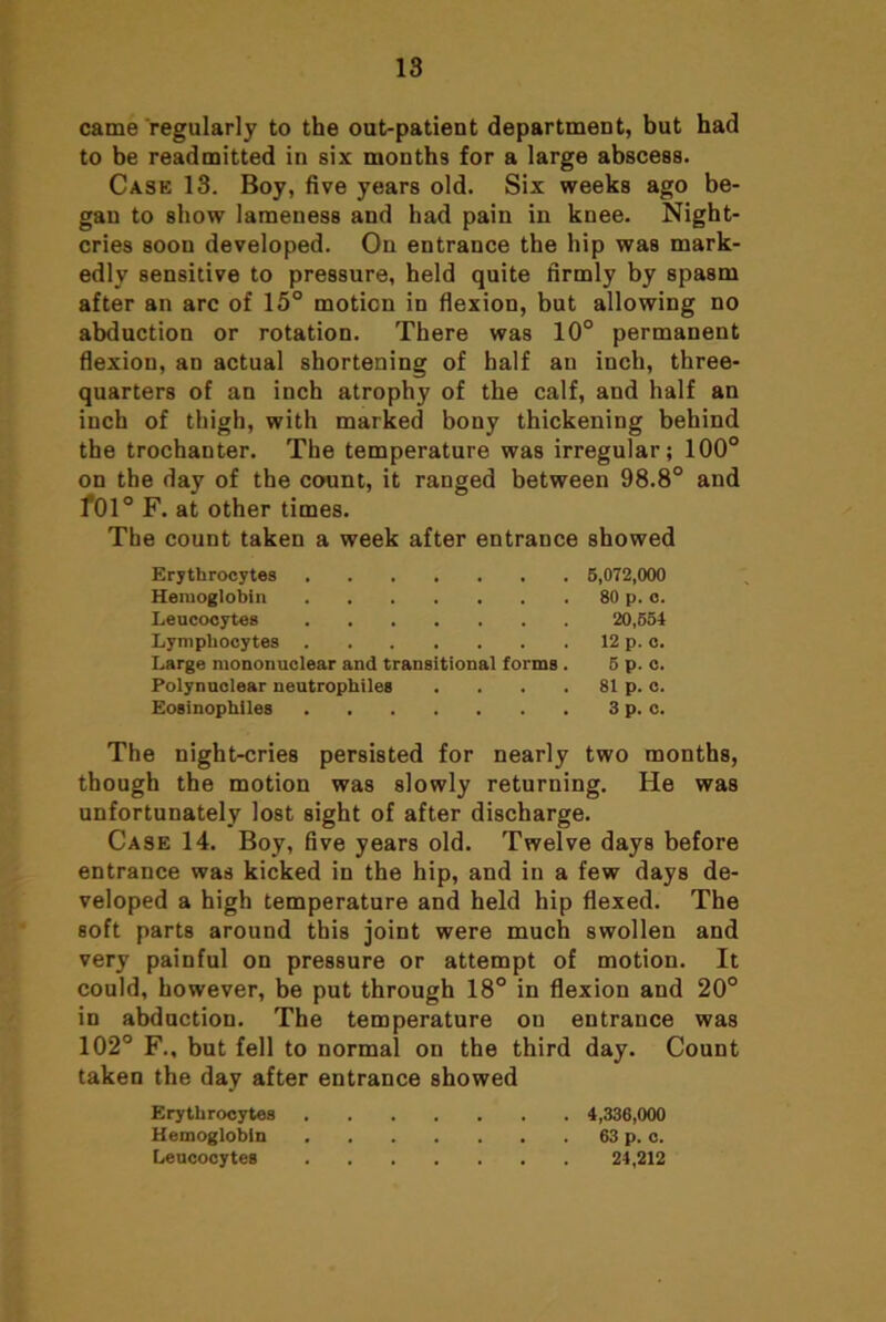 came regularly to the out-patient department, but had to be readmitted in six months for a large abscess. Case 13. Boy, five years old. Six weeks ago be- gan to show lameness and had pain in knee. Night- cries soon developed. On entrance the hip was mark- edly sensitive to pressure, held quite firmly by spasm after an arc of 15° motion in flexion, but allowing no abduction or rotation. There was 10° permanent flexion, an actual shortening of half an inch, three- quarters of an inch atrophy of the calf, and half an inch of thigh, with marked bony thickening behind the trochanter. The temperature was irregular; 100° on the day of the count, it ranged between 98.8° and f01° F. at other times. The count taken a week after entrance showed Erythrocytes 6,072,000 Hemoglobin 80 p. o. Leucocytes 20,654 Lymphocytes 12 p. c. Large mononuclear and transitional forms. 5 p. c. Polynuclear neutrophiles . . . . 81 p. c. Eosinophiles 3 p. c. The night-cries persisted for nearly two months, though the motion was slowly returning. He was unfortunately lost sight of after discharge. Case 14. Boy, five years old. Twelve days before entrance was kicked in the hip, and in a few days de- veloped a high temperature and held hip flexed. The soft parts around this joint were much swollen and very painful on pressure or attempt of motion. It could, however, be put through 18° in flexion and 20° in abduction. The temperature on entrance was 102° F., but fell to normal on the third day. Count taken the day after entrance showed Erythrocytes 4,336,000 Hemoglobin 63 p. c. Leucocytes 24,212