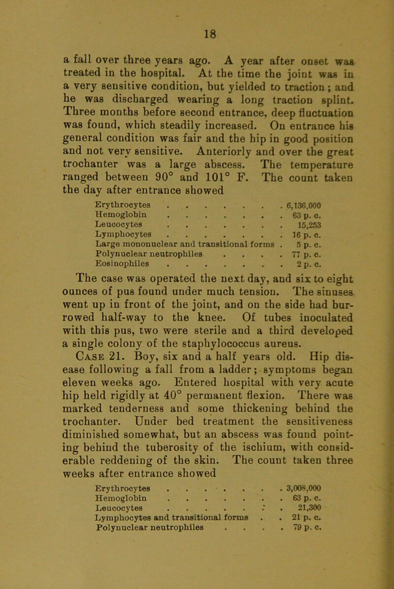 a fall over three years ago. A year after onset was treated in the hospital. At the time the joint was in a very sensitive condition, but yielded to traction; and he was discharged wearing a long traction splint. Three months before second entrance, deep fluctuation was found, which steadily increased. On entrance his general condition was fair and the hip in good position and not very sensitive. Anteriorly and over the great trochanter was a large abscess. The temperature ranged between 90° and 101° F. The count taken the day after entrance showed Erythrocytes 6,136,000 Hemoglobin 63 p. o. Leucocytes 15,253 Lymphocytes 16 p. c. Large mononuclear and transitional forms . 5 p. c. Polynuclear ueutrophiles . . . . 77 p. c. Eosinophiles 2 p. c. The case was operated the next day, and six to eight ounces of pus found under much tension. The sinuses went up in front of the joint, and on the side had bur- rowed half-way to the knee. Of tubes inoculated with this pus, two were sterile and a third developed a single colony of the staphylococcus aureus. Case 21. Boy, six and a half years old. Hip dis- ease following a fall from a ladder; symptoms began eleven weeks ago. Entered hospital with very acute hip held rigidly at 40° permanent flexion. There was marked tenderness and some thickening behind the trochanter. Under bed treatment the sensitiveness diminished somewhat, but an abscess was found point- ing behind the tuberosity of the ischium, with consid- erable reddening of the skin. The count taken three weeks after entrance showed Erythrocytes . . . . . . . 3,008,000 Hemoglobin 63 p. c. Leucocytes : . 21,300 Lymphocytes and transitional forms . . 21 p. c. Polynuclear neutrophiles . . . , 79 p. c.