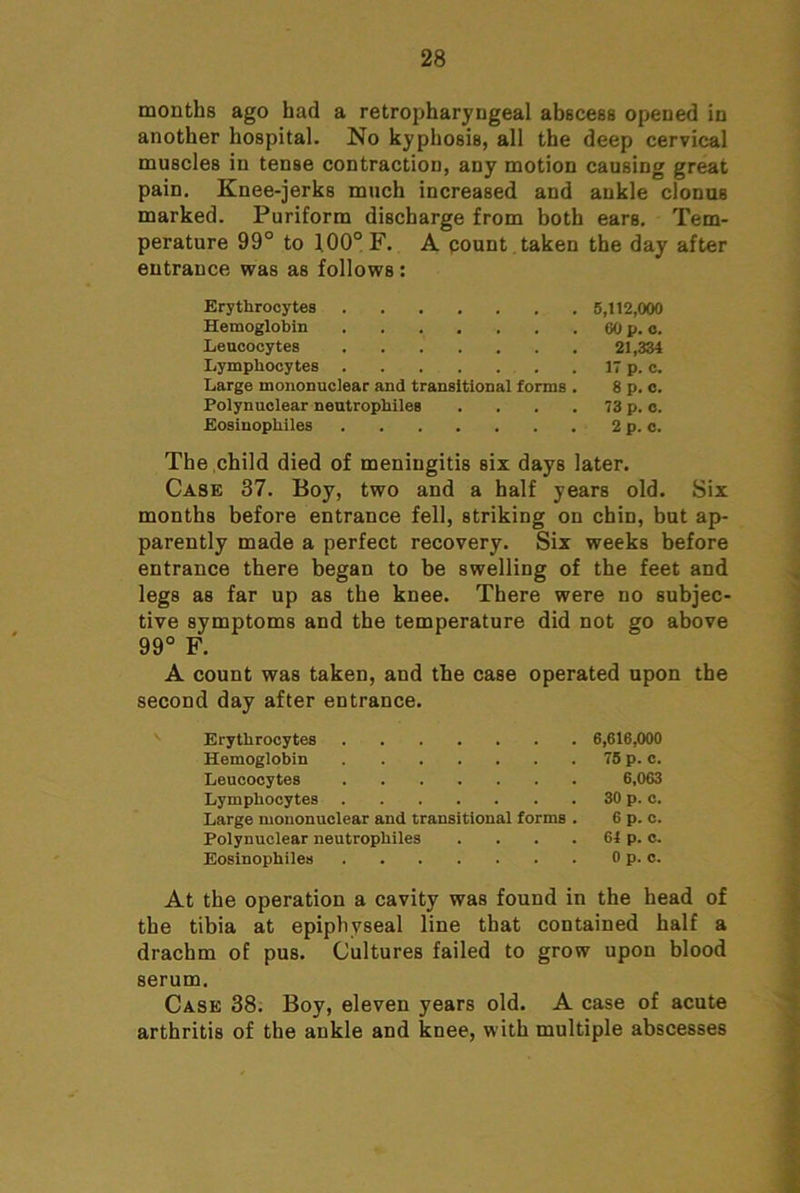 months ago had a retropharyngeal abscess opened in another hospital. No kyphosis, all the deep cervical muscles in tense contraction, any motion causing great pain. Knee-jerks much increased and ankle clonus marked. Puriform discharge from both ears. Tem- perature 99° to 100° F. A pount . taken the day after entrance was as follows: Erythrocytes 5,112,000 Hemoglobin 60 p. o. Leucocytes 21,334 Lymphocytes . 17 p. c. Large mononuclear and transitional forms . 8 p. c. Polynuclear neutrophiles . . . . 73 p. o. Eosinophiles 2 p. c. The ,child died of meningitis six days later. Case 37. Boy, two and a half years old. Six months before entrance fell, striking on chin, but ap- parently made a perfect recovery. Six weeks before entrance there began to be swelling of the feet and legs as far up as the knee. There were no subjec- tive symptoms and the temperature did not go above 99° F. A count was taken, and the case operated upon the second day after entrance. Erythrocytes 6,616,000 Hemoglobin 75 p. c. Leucocytes 6,063 Lymphocytes 30 p. c. Large mononuclear and transitional forms . 6 p. c. Polynuelear neutrophiles . . . . 64 p. c. Eosinophiles 0 p. o. At the operation a cavity was found in the head of the tibia at epiphyseal line that contained half a drachm of pus. Cultures failed to grow upon blood serum. Case 38; Boy, eleven years old. A case of acute arthritis of the ankle and knee, with multiple abscesses