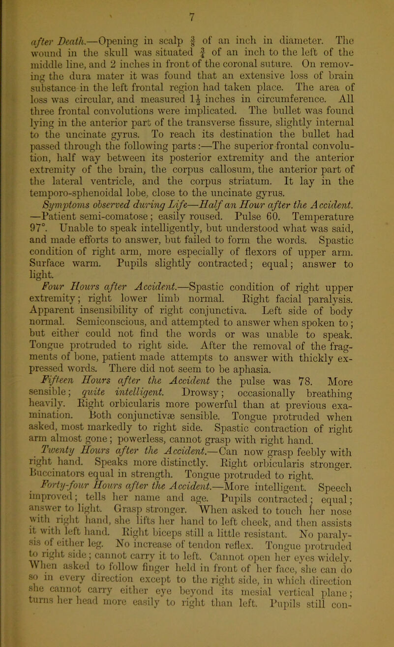 after Death.—Opening in scalp § of an incli in diameter. The wound in the skull was situated f of an inch to the left of the middle line, and 2 inches in front of the coronal suture. On remov- ing the dura mater it was found that an extensive loss of brain substance in the left frontal region had taken place. The area of loss was circular, and measured 1^ inches in circumference. All three frontal convolutions were implicated. The bullet was found lying in the anterior part of the transverse fissure, slightly internal to the uncinate gyrus. To reach its destination the bullet had passed through the following parts :—The superior frontal convolu- tion, half way between its posterior extremity and the anterior extremity of the brain, the corpus callosum, the anterior part of the lateral ventricle, and the corpus striatum. It lay in the temporo-sphenoidal lobe, close to the uncinate gyrus. Symptoms observed during Life—Half an Hour after the Accident. —Patient semi-comatose; easily roused. Pulse 60. Temperature 97°. Unable to speak intelligently, but understood what was said, and made efforts to answer, but failed to form the words. Spastic condition of right arm, more especially of flexors of upper arm. Surface warm. Pupils slightly contracted; equal; answer to light. Four Hours after Accident.—Spastic condition of right upper extremity; right lower limb normal. Eight facial paralysis. Apparent insensibility of right conjunctiva. Left side of body normal. Semiconscious, and attempted to answer when spoken to ; but either could not find the words or was unable to speak. Tongue protruded to right side. After the removal of the frag- ments of bone, patient made attempts to answer with thickly ex- pressed words. There did not seem to be aphasia. Fifteen Hours after the Accident the pulse was 78. More sensible; quite intelligent. Drowsy; occasionally breathing heavily. Eight orbicularis more powerful than at previous exa- mination. Both conjunctivae sensible. Tongue protruded when asked, most markedly to right side. Spastic contraction of right arm almost gone; powerless, cannot grasp with right hand. Twenty Hours after the Accident.—Can now grasp feebly with right hand. Speaks more distinctly. Eight orbicularis stronger. Buccinators equal in strength. Tongue protruded to right. Forty-four Hours after the Accident— More intelligent. Speech improved; tells her name and age. Pupils contracted: equal; answer to light. Grasp stronger. Wlien asked to touch her nose \vith right hand, she lilts her hand to left cheek, and then assists it with left hand. Eight biceps still a little resistant. No paraly- sis of either leg. No increase of tendon reflex. Tongue protruded to right side; cannot carry it to left. Cannot open her eyes widely. Wlien asked to follow finger held in front of her face, she can do so in every direction except to the right side, in which direction she cannot carry either eye beyond its mesial vertical plane; turns her head more easily to right than left. Pupils still con-