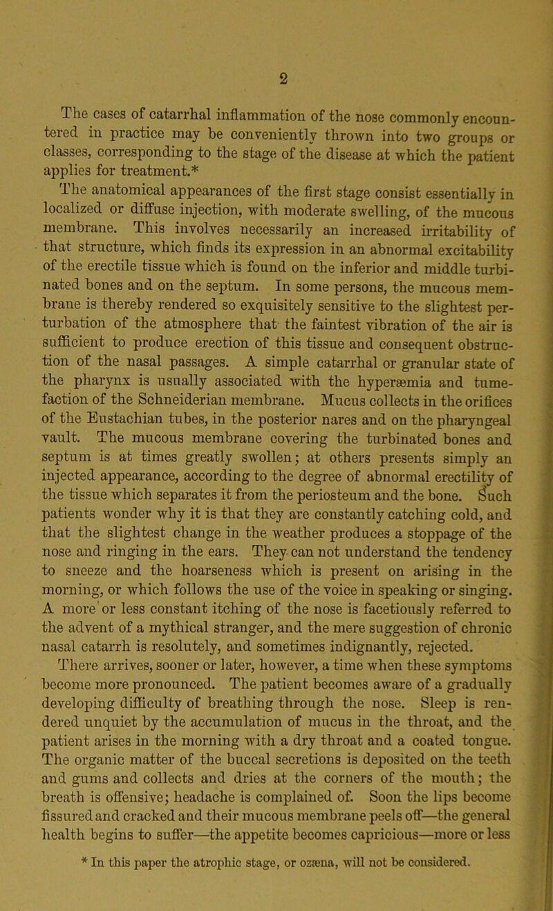 The cases of catarrhal inflammation of the nose commonly encoun- tered in practice may be conveniently thrown into two groups or classes, corresponding to the stage of the disease at which the patient applies for treatment.* The anatomical appearances of the first stage consist essentially in localized or diffuse injection, with moderate swelling, of the mucous membrane. This involves necessarily an increased irritability of that structure, which finds its expression in an abnormal excitability of the erectile tissue which is found on the inferior and middle turbi- nated bones and on the septum. In some persons, the mucous mem- brane is thereby rendered so exquisitely sensitive to the slightest per- turbation of the atmosphere that the faintest vibration of the air is sufficient to produce erection of this tissue and consequent obstruc- tion of the nasal passages. A simple catarrhal or granular state of the pharynx is usually associated with the hyperaemia and tume- faction of the Schneiderian membrane. Mucus collects in the orifices of the Eustachian tubes, in the posterior nares and on the pharyngeal vault. The mucous membrane covering the turbinated bones and septum is at times greatly swollen; at others presents simply an injected appearance, according to the degree of abnormal erectility of the tissue which separates it from the periosteum and the bone. $uch patients wonder why it is that they are constantly catching cold, and that the slightest change in the weather produces a stoppage of the nose and ringing in the ears. They can not understand the tendency to sneeze and the hoarseness which is present on arising in the morning, or which follows the use of the voice in speaking or singing. A more or less constant itching of the nose is facetiously referred to the advent of a mythical stranger, and the mere suggestion of chronic nasal catarrh is resolutely, and sometimes indignantly, rejected. There arrives, sooner or later, however, a time when these symptoms become more pronounced. The patient becomes aware of a gradually developing difficulty of breathing through the nose. Sleep is ren- dered unquiet by the accumulation of mucus in the throat, and the patient arises in the morning with a dry throat and a coated tongue. The organic matter of the buccal secretions is deposited on the teeth and gums and collects and dries at the corners of the mouth; the breath is offensive; headache is complained of. Soon the lips become fissured and cracked and their mucous membrane peels off—the general health begins to suffer—the appetite becomes capricious—more or less * In this paper the atrophic stage, or oziena, will not be considered.